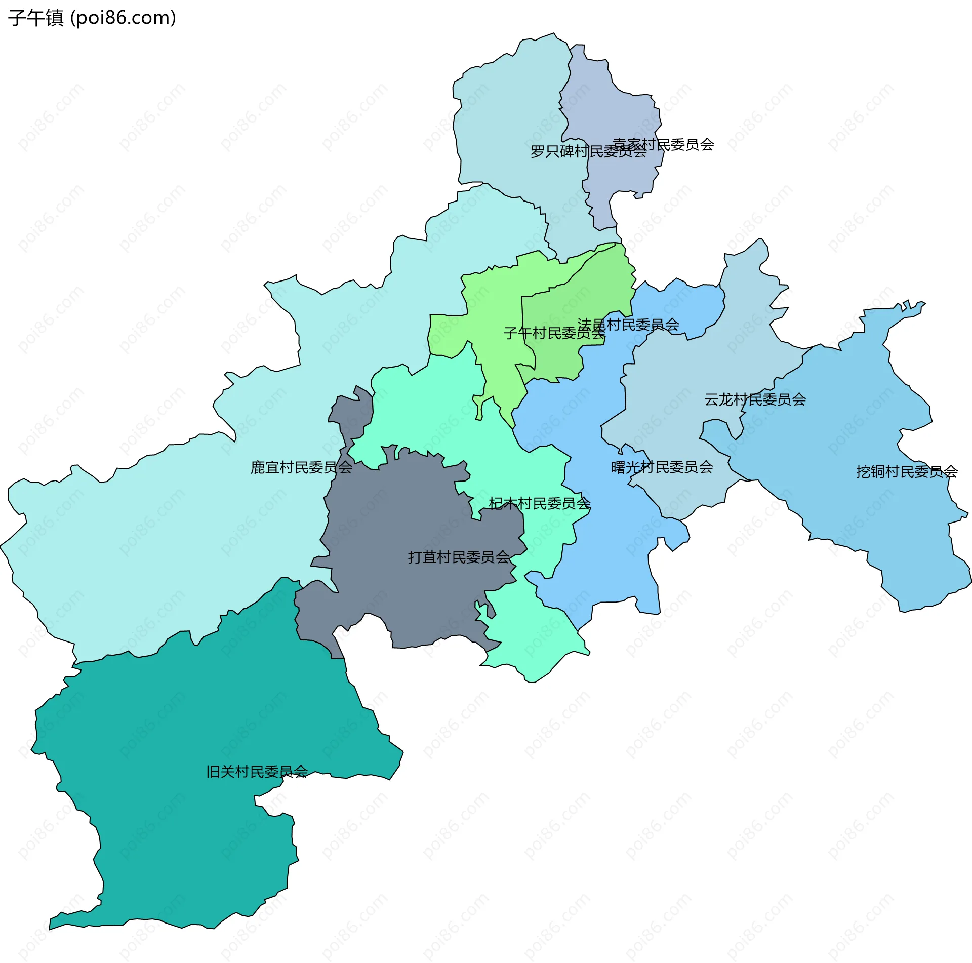 子午镇边界地图(五级行政区划)
