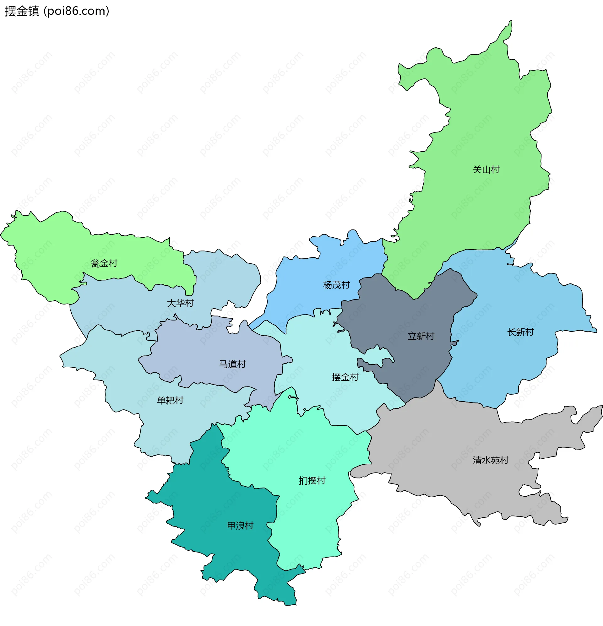 摆金镇边界地图(五级行政区划)