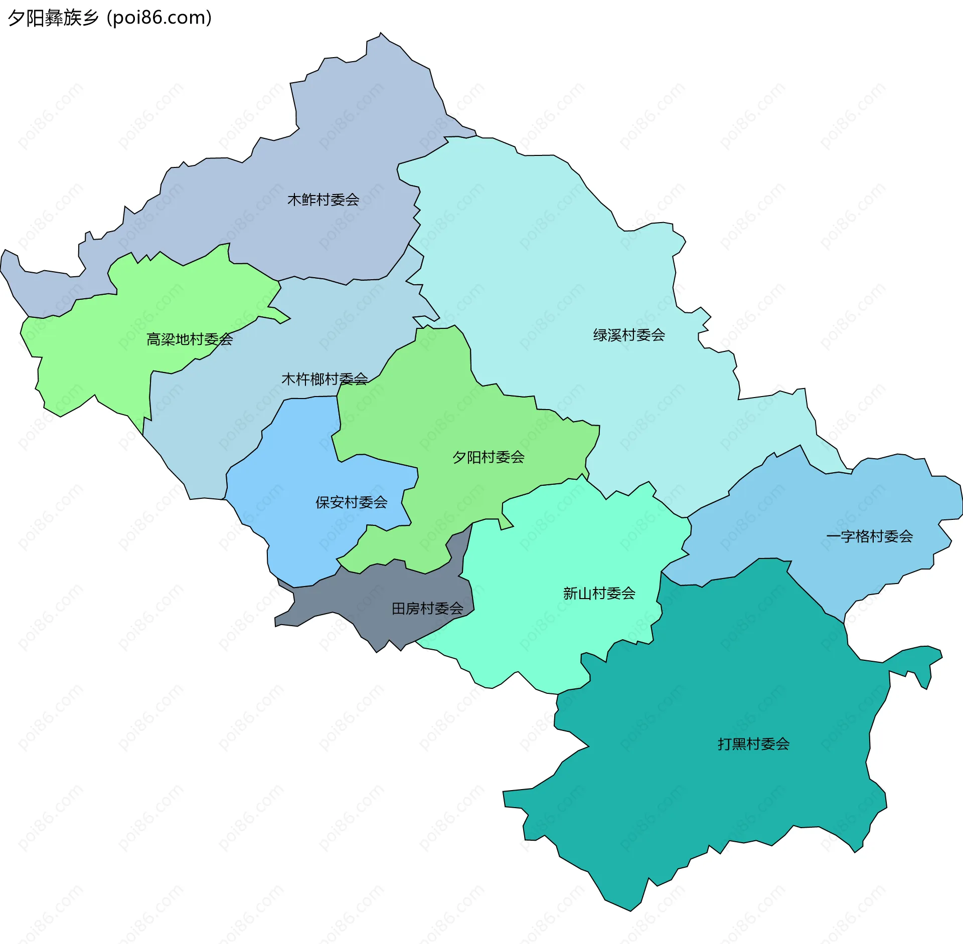 夕阳彝族乡边界地图(五级行政区划)