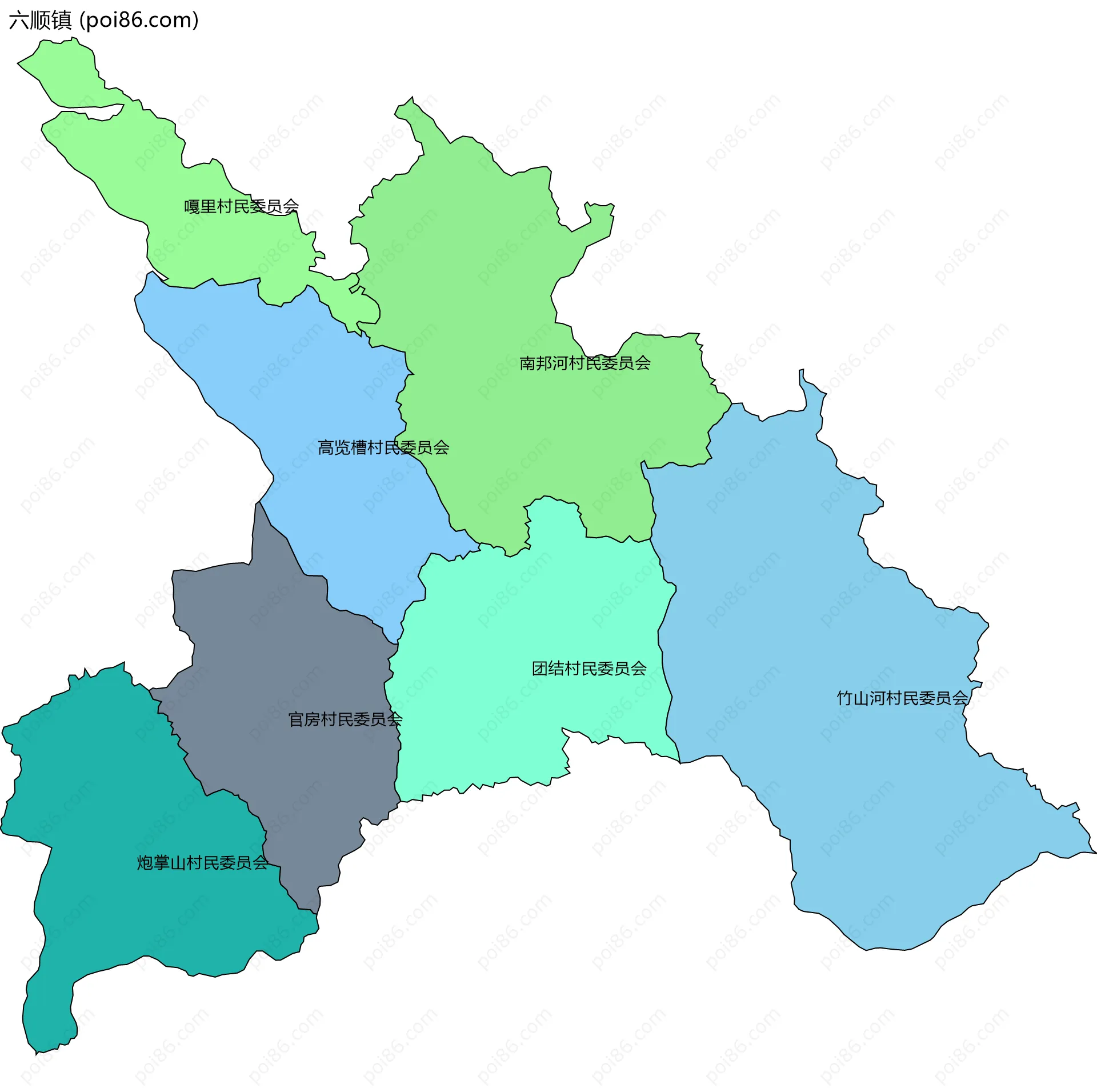 六顺镇边界地图(五级行政区划)