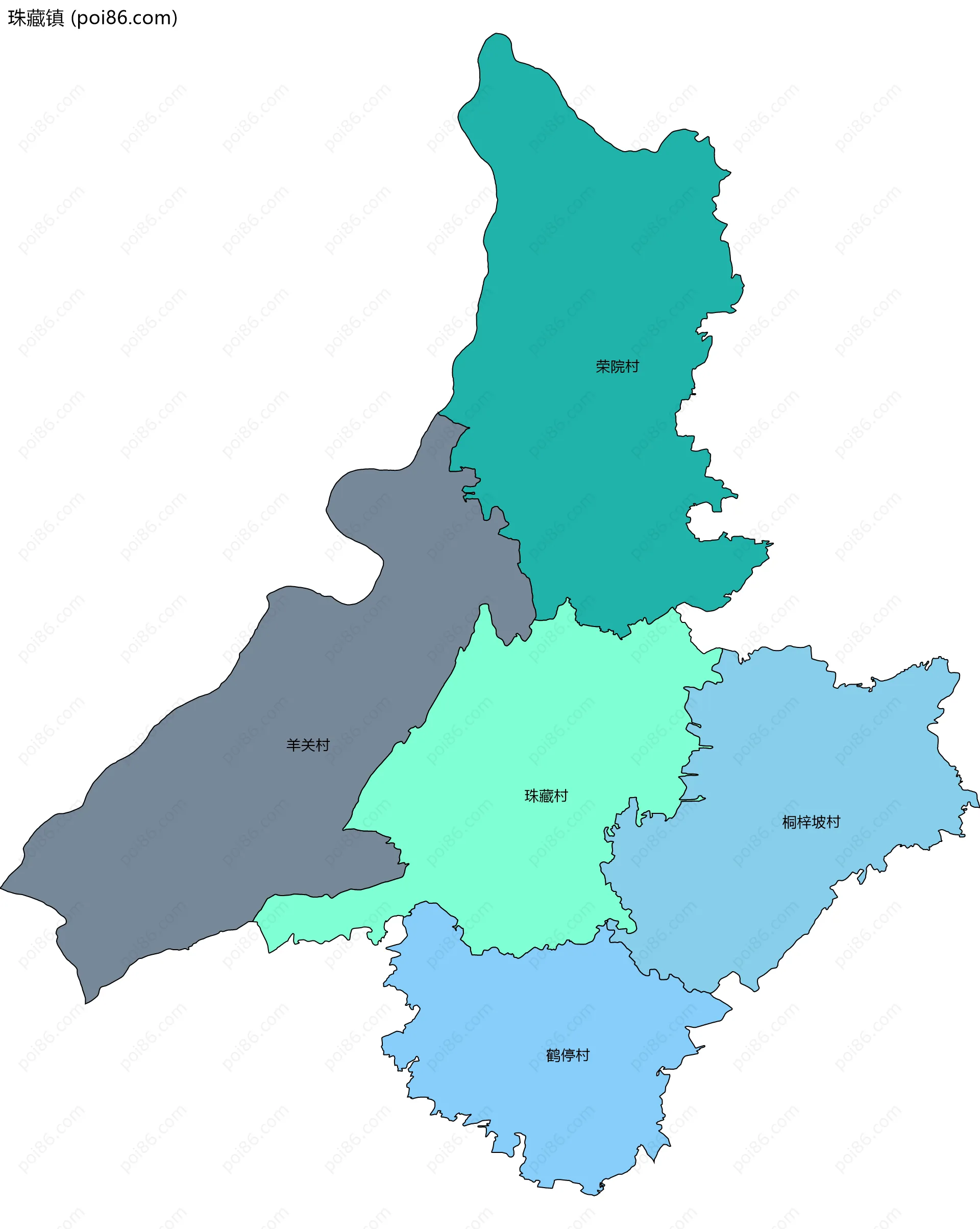 珠藏镇边界地图(五级行政区划)