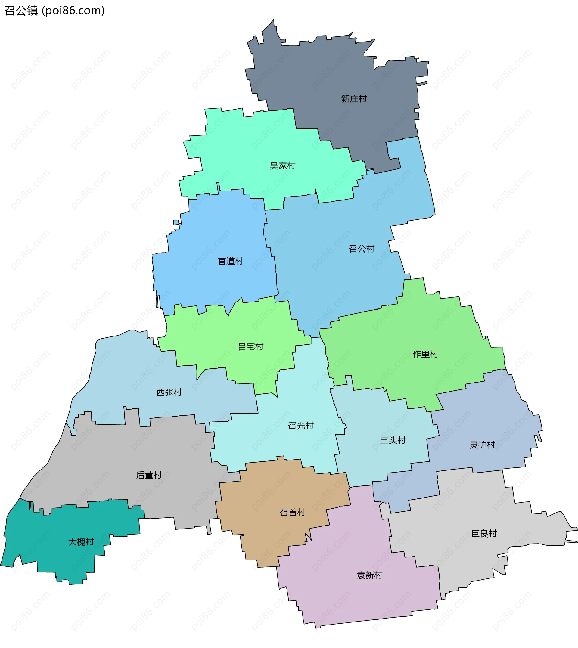 召公镇边界地图(五级行政区划)