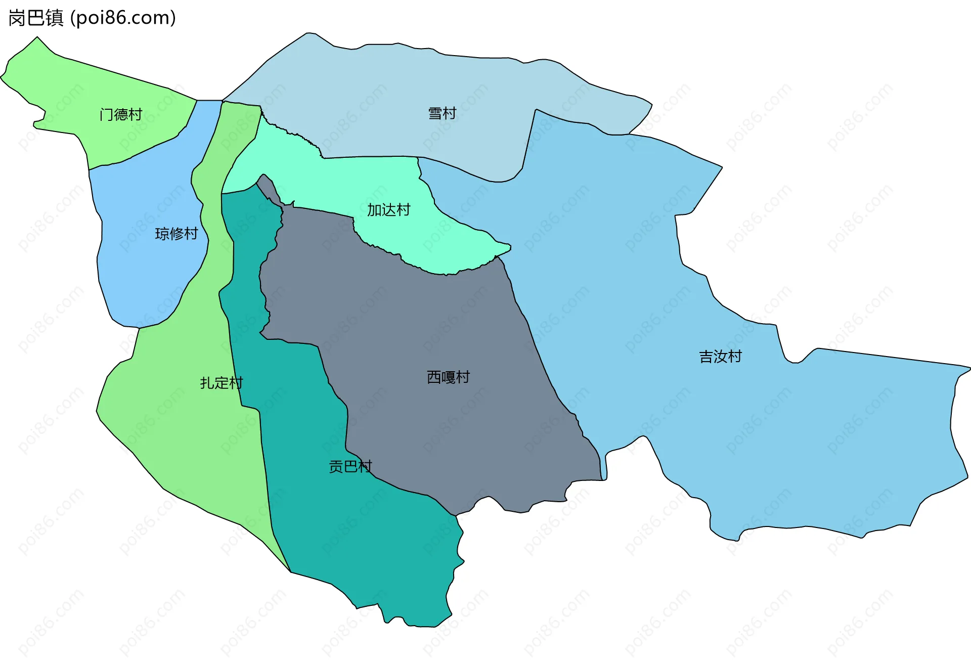 岗巴镇边界地图(五级行政区划)