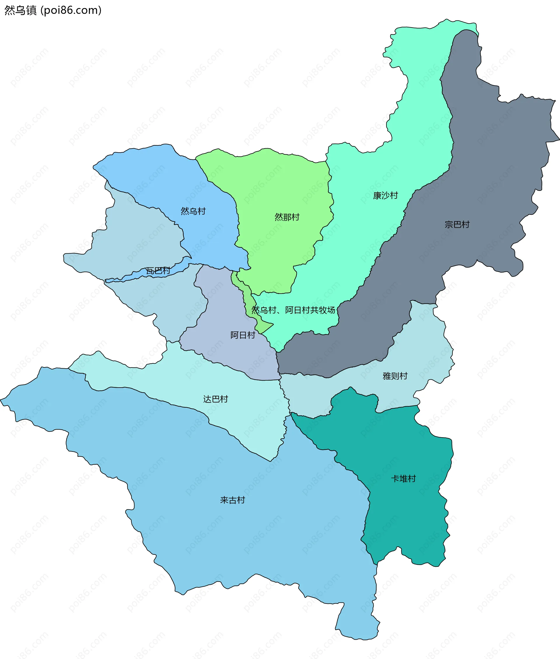 然乌镇边界地图(五级行政区划)