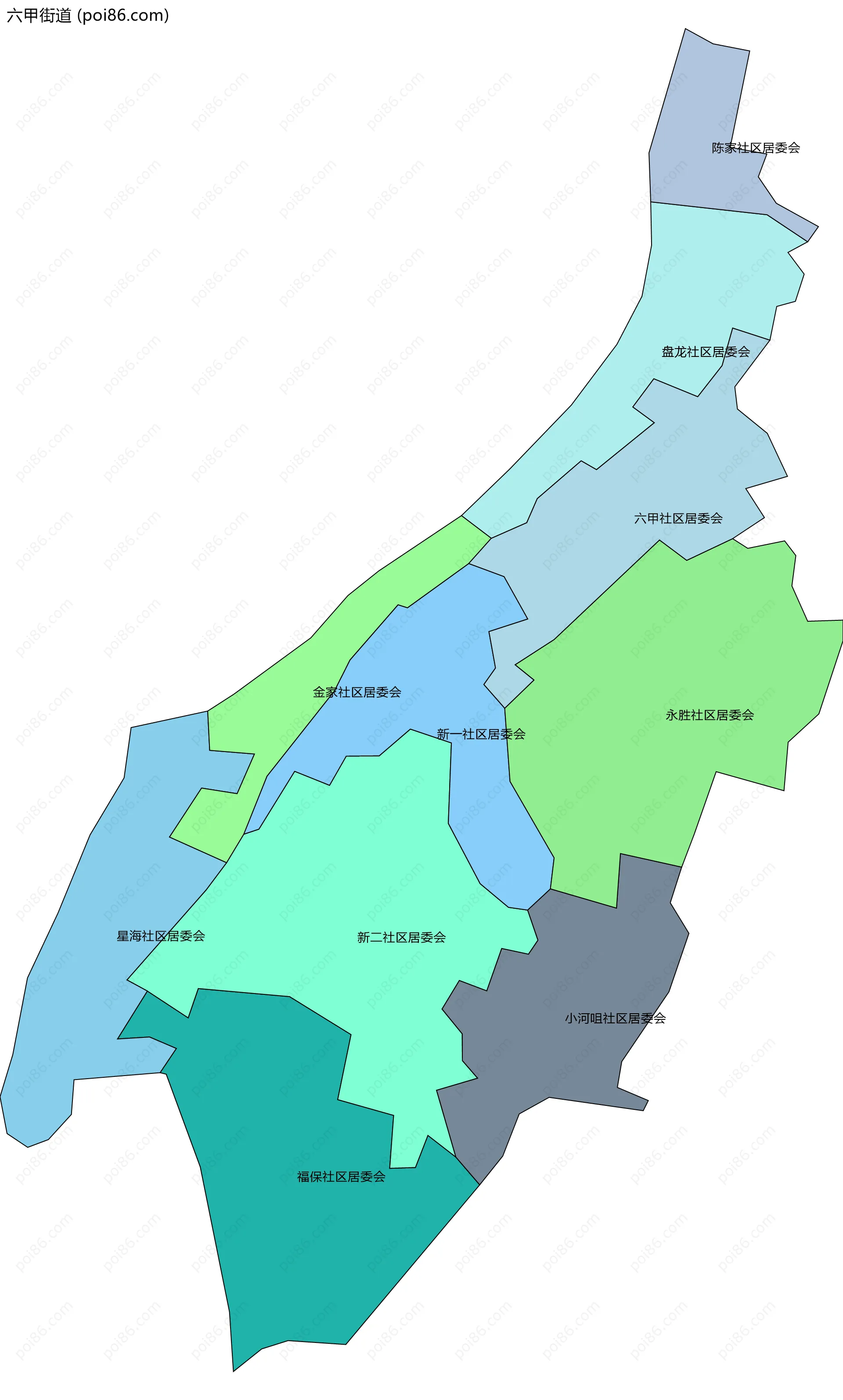 六甲街道边界地图(五级行政区划)