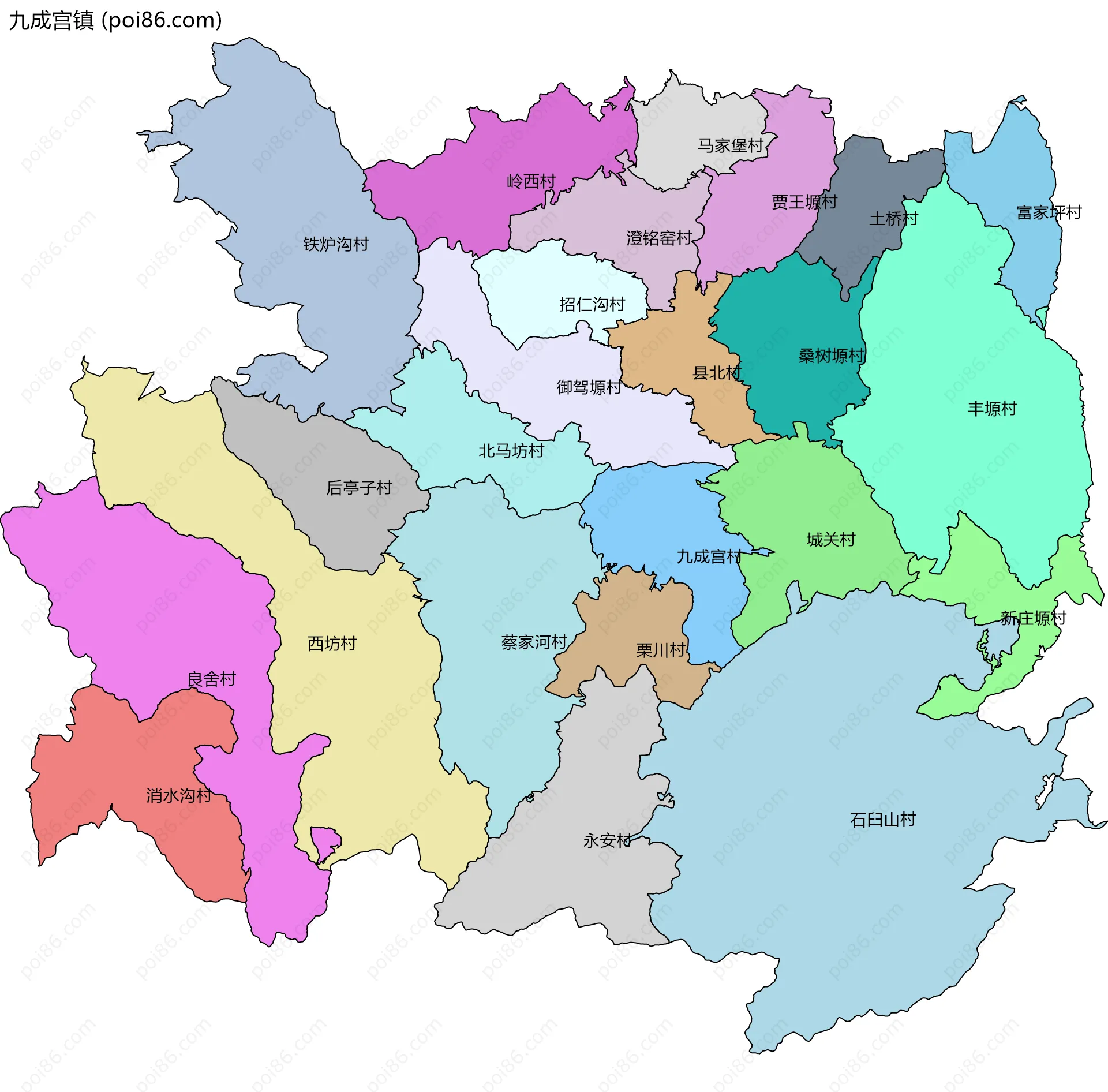 九成宫镇边界地图(五级行政区划)