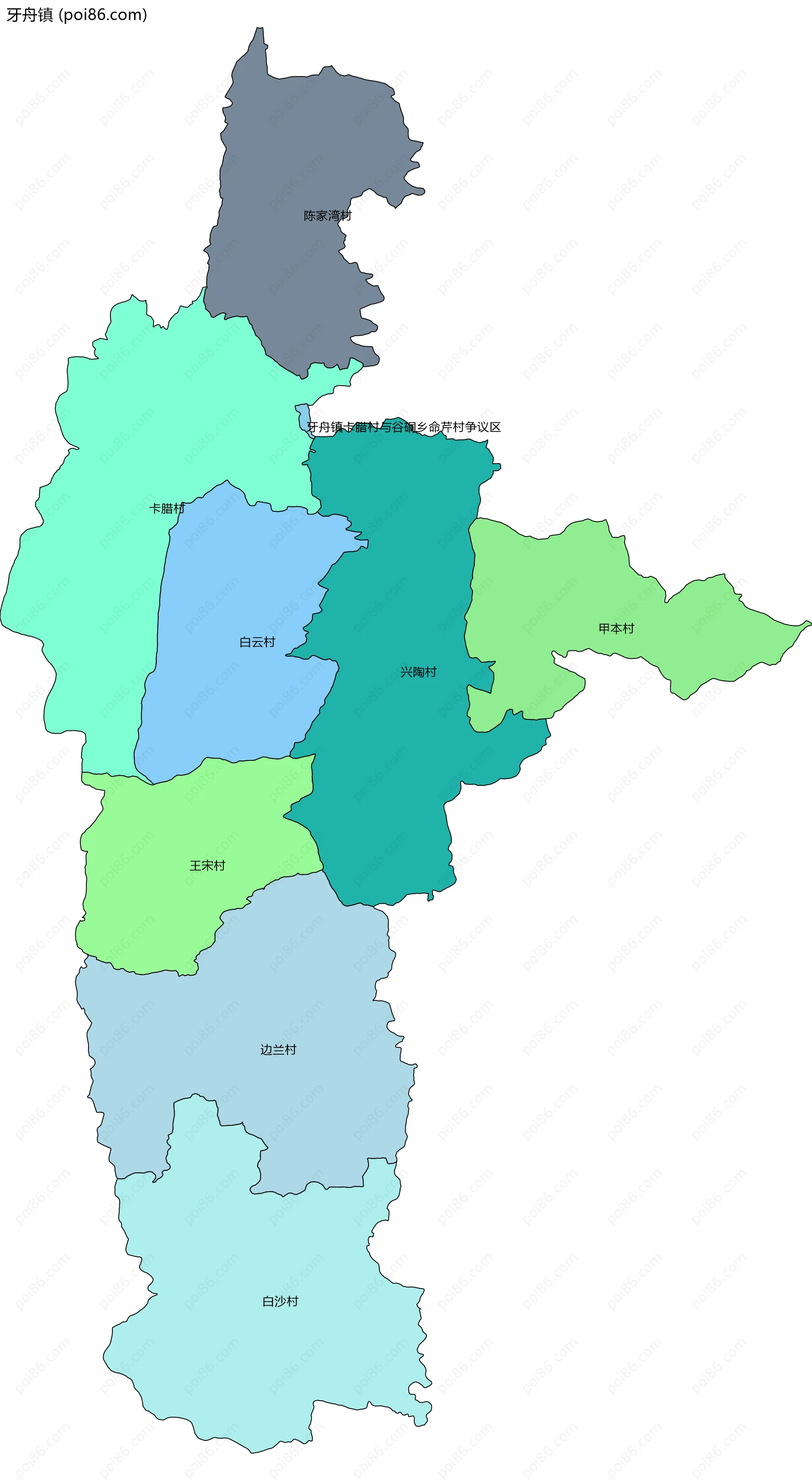 牙舟镇边界地图(五级行政区划)