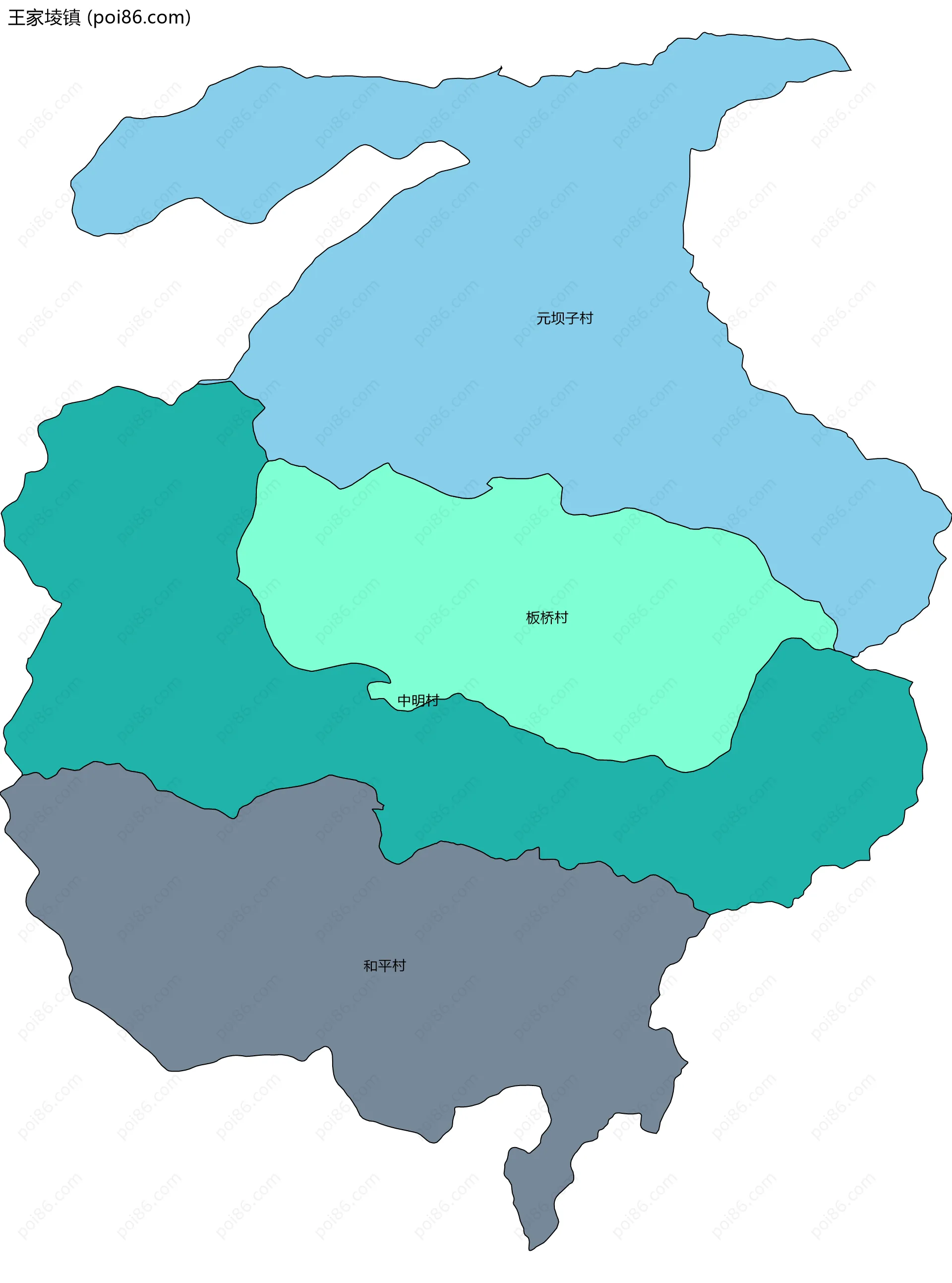 王家堎镇边界地图(五级行政区划)