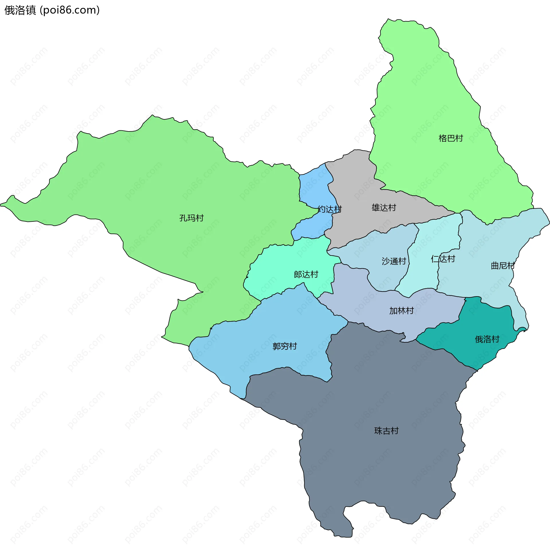 俄洛镇边界地图(五级行政区划)