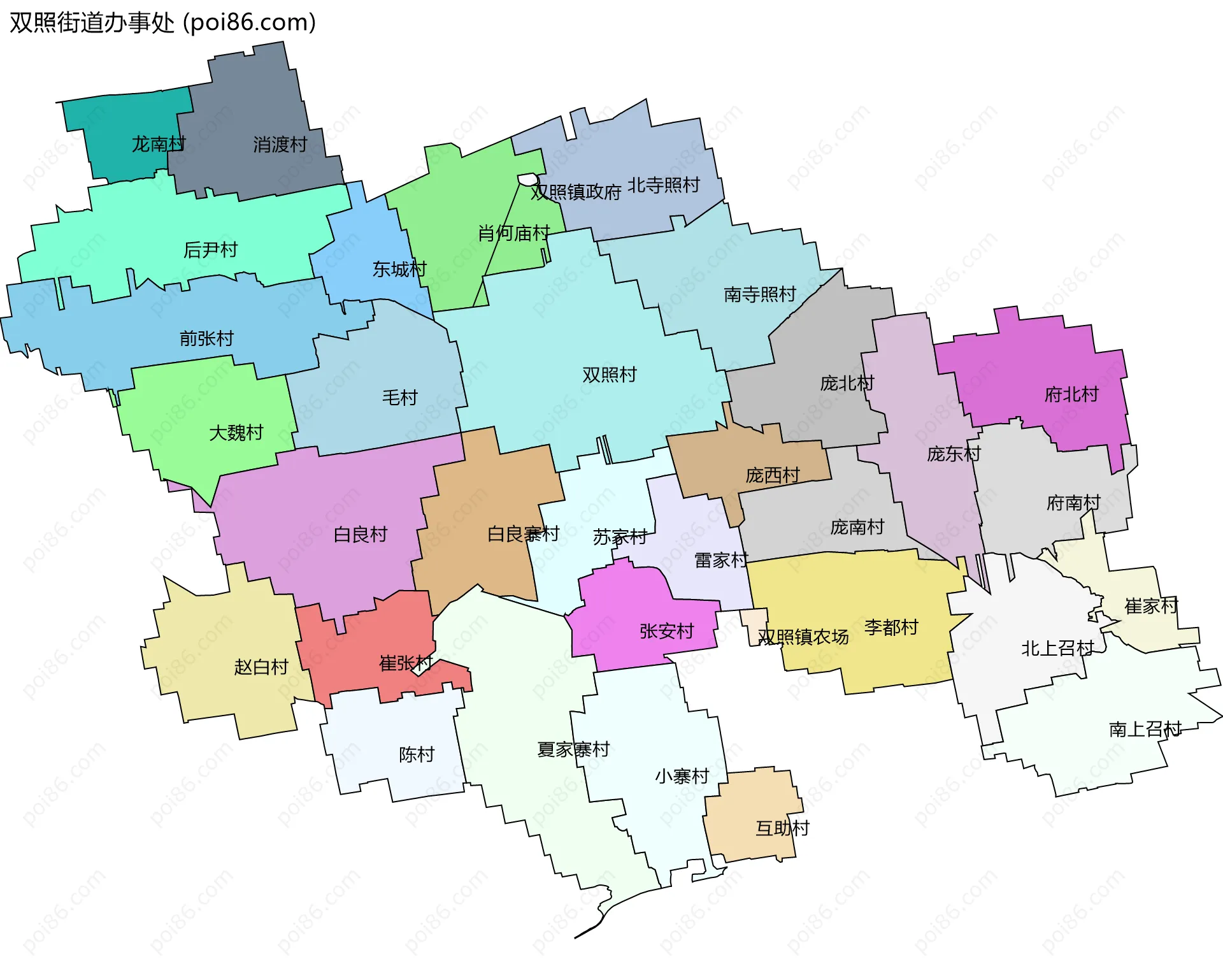 双照街道办事处边界地图(五级行政区划)