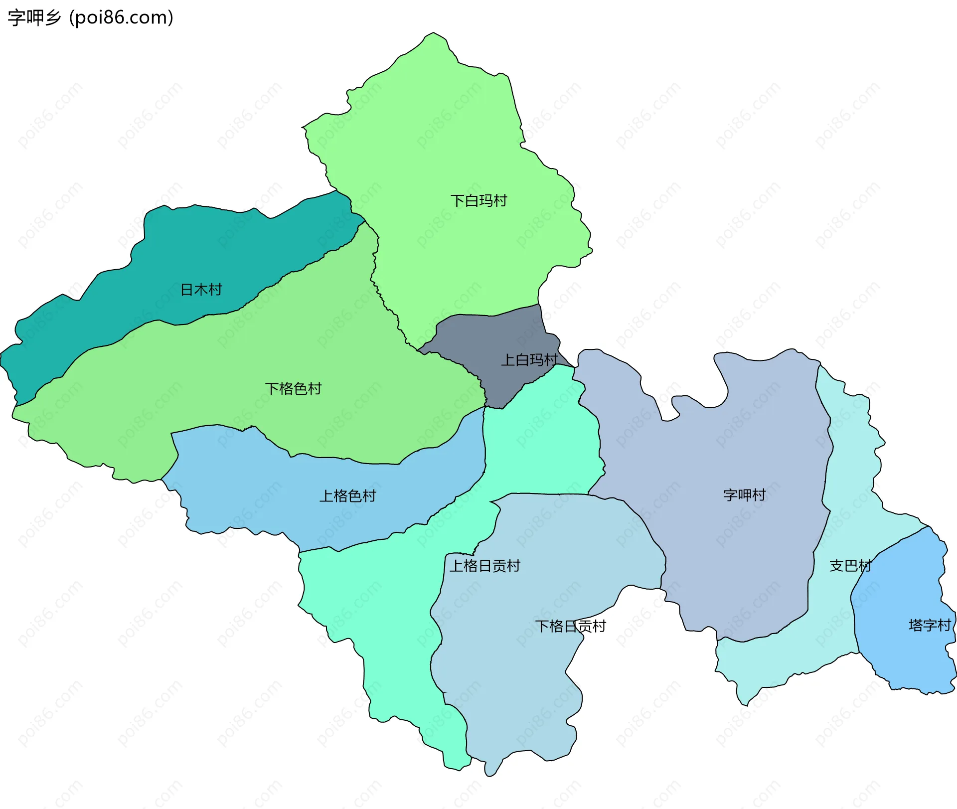 字呷乡边界地图(五级行政区划)