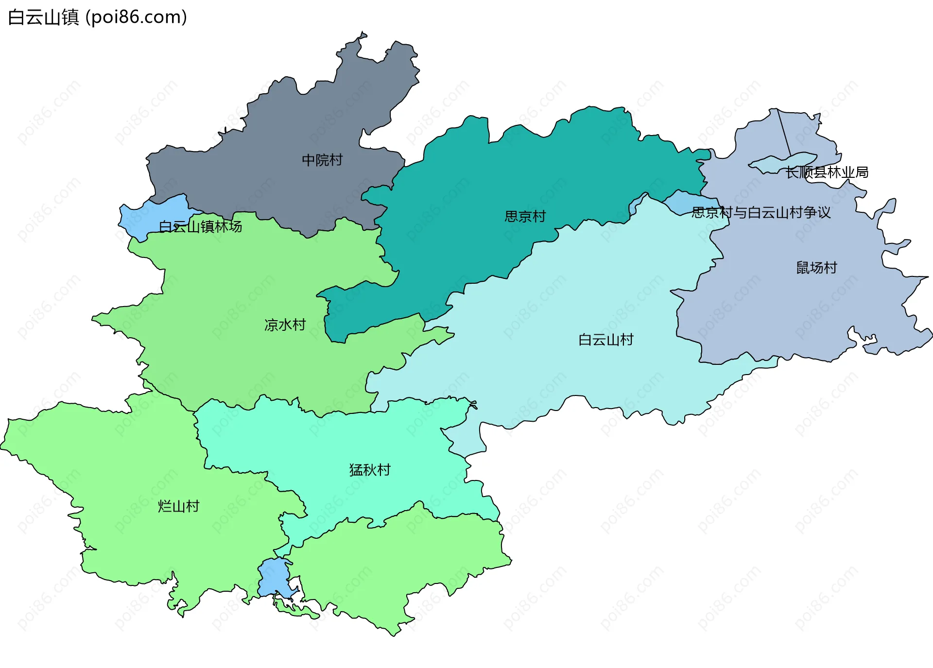 白云山镇边界地图(五级行政区划)