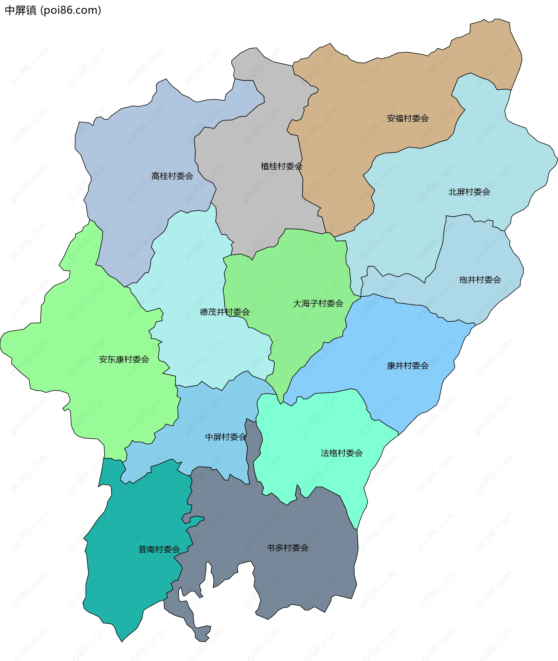 中屏镇边界地图(五级行政区划)