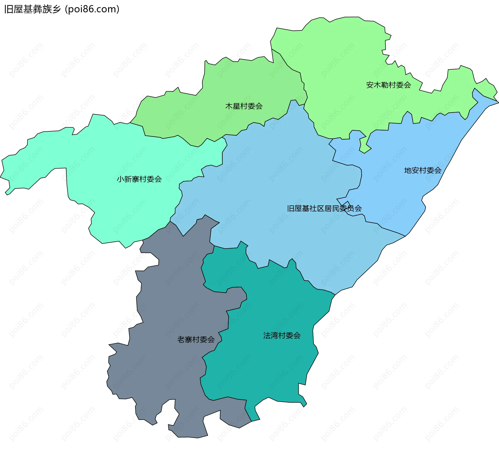 旧屋基彝族乡边界地图(五级行政区划)