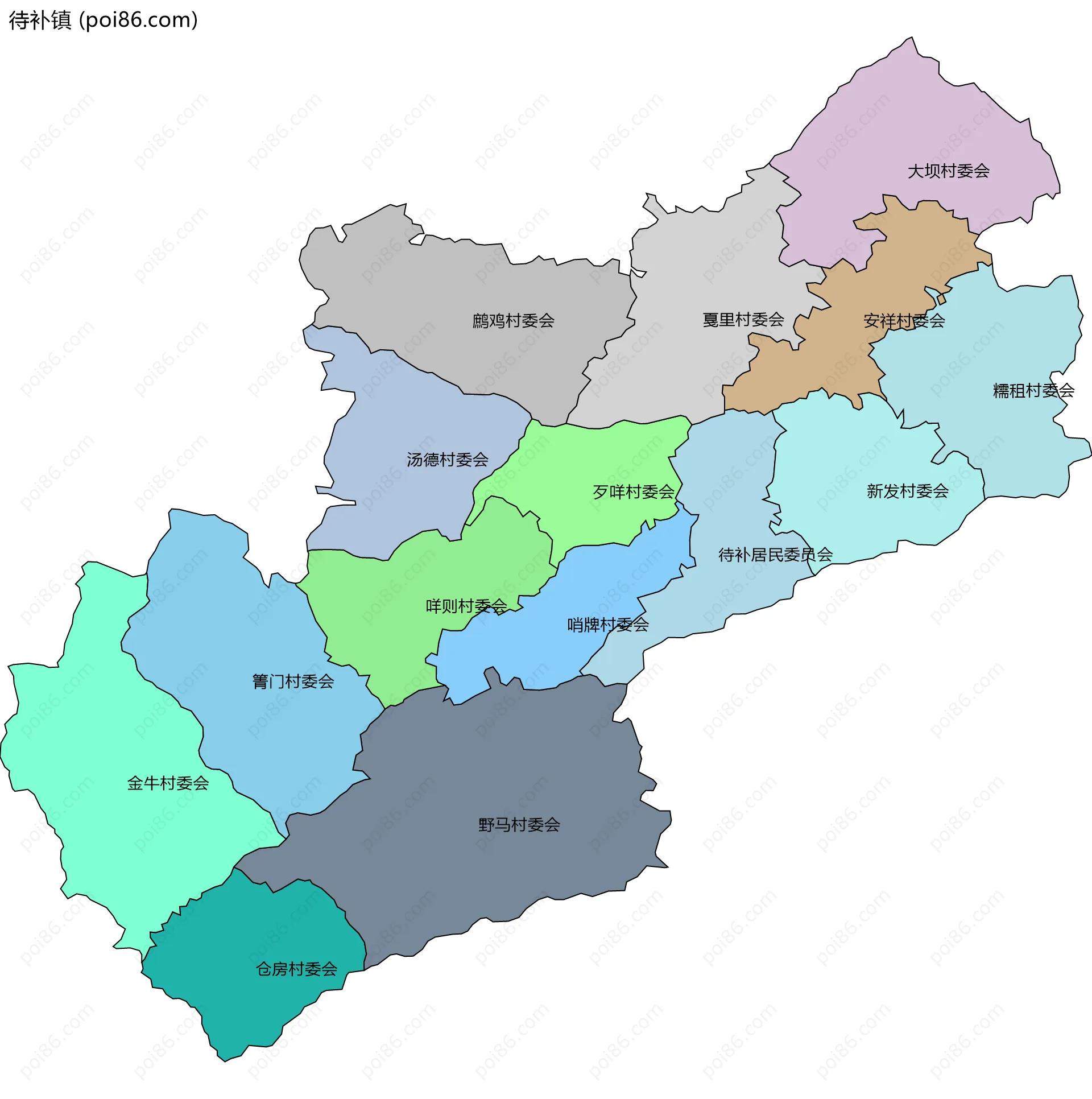 待补镇边界地图(五级行政区划)