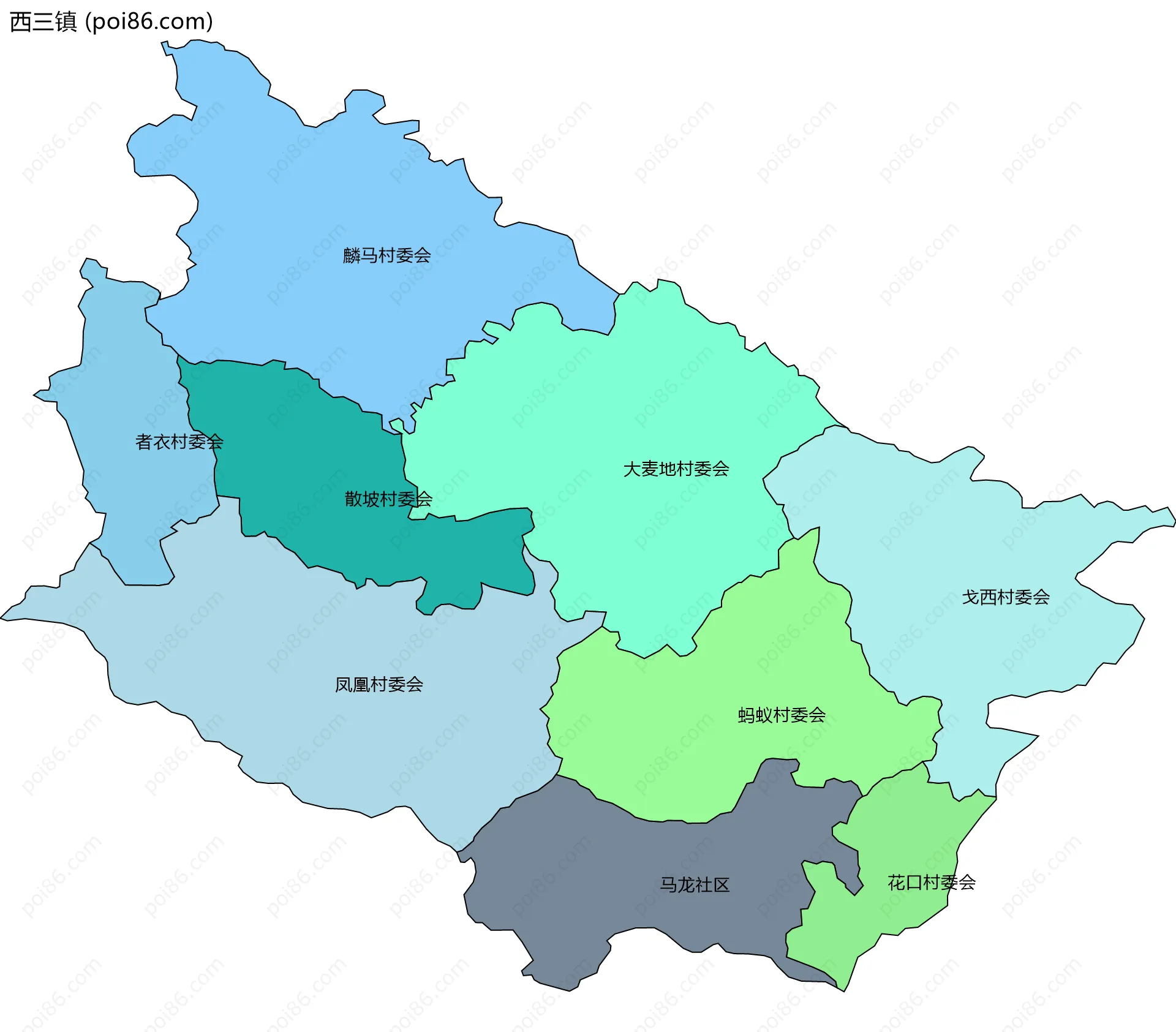 西三镇边界地图(五级行政区划)