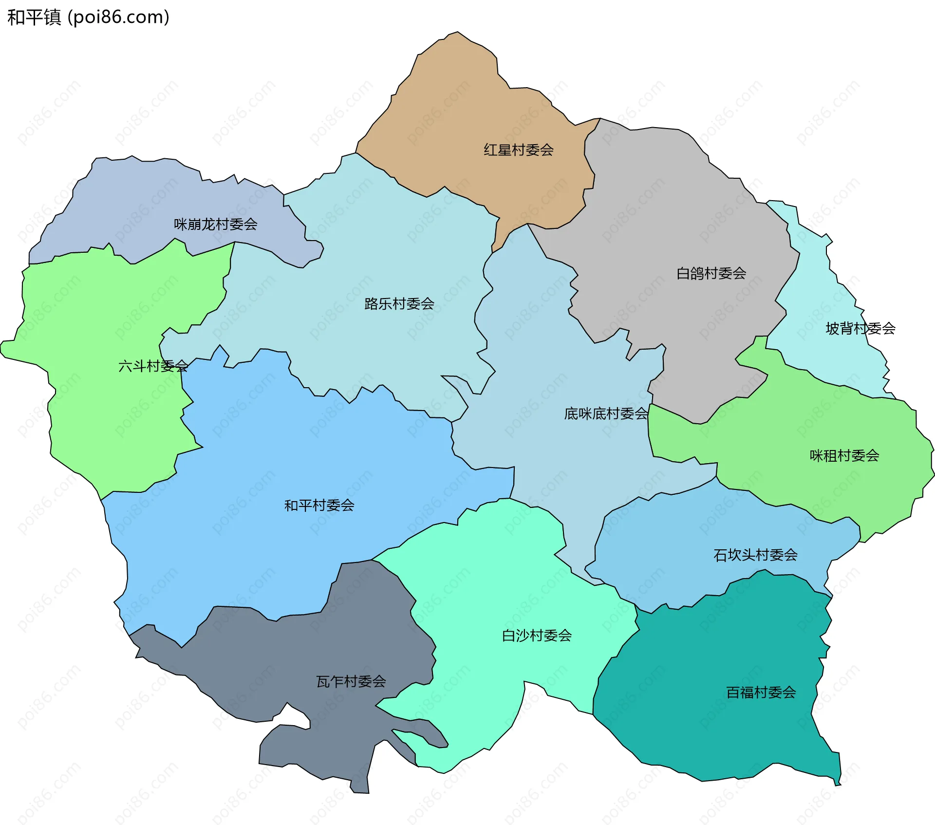 和平镇边界地图(五级行政区划)