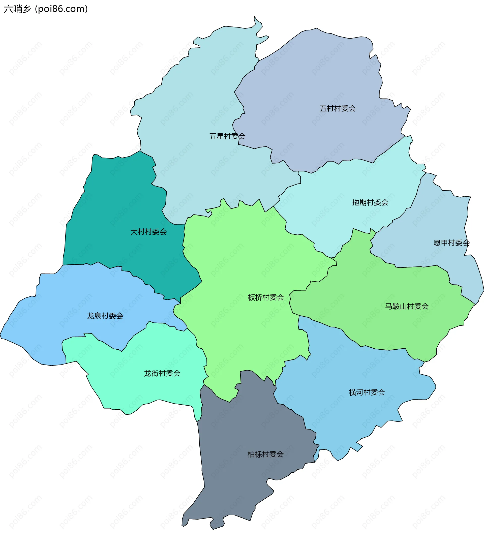 六哨乡边界地图(五级行政区划)