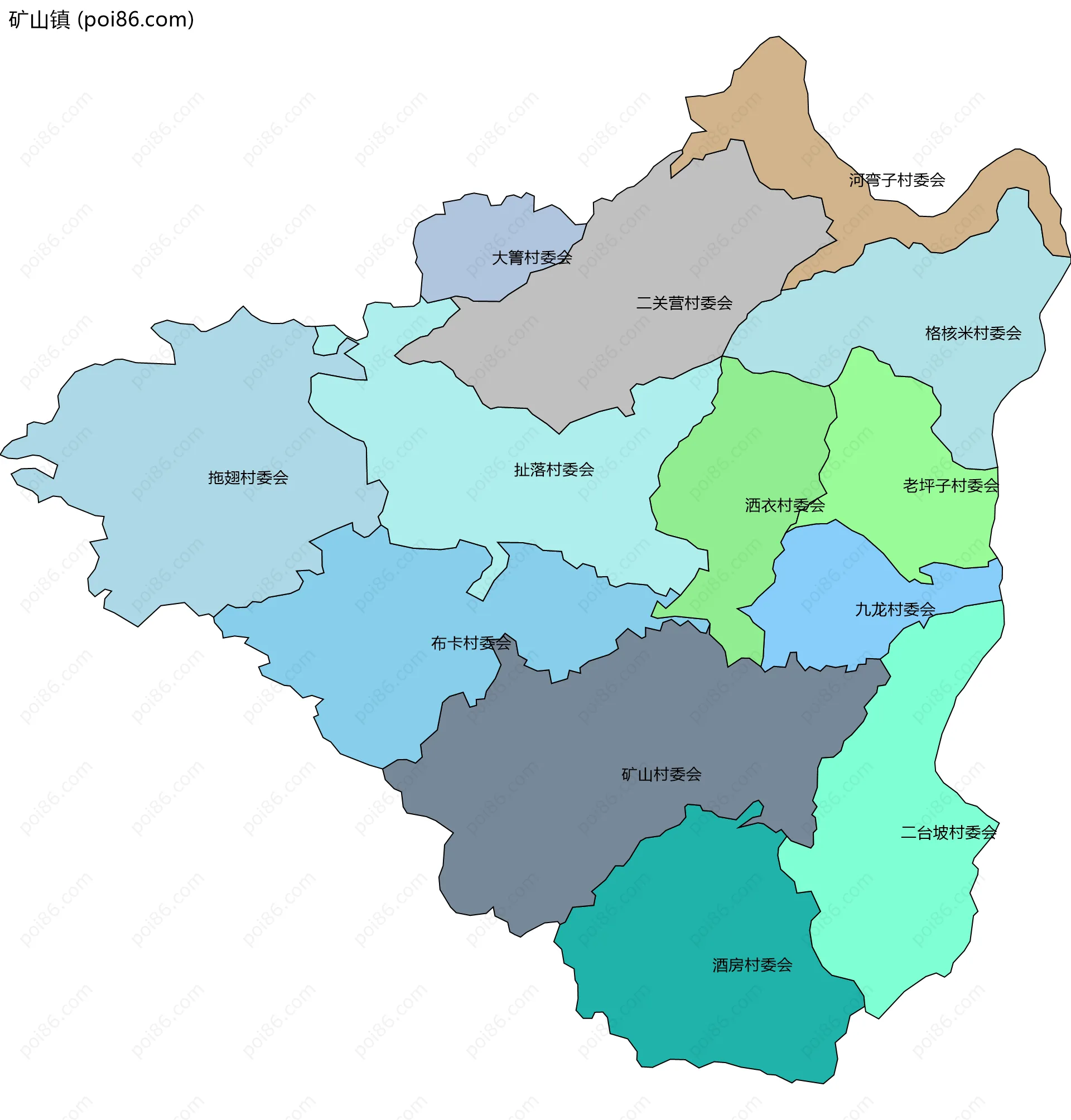 矿山镇边界地图(五级行政区划)
