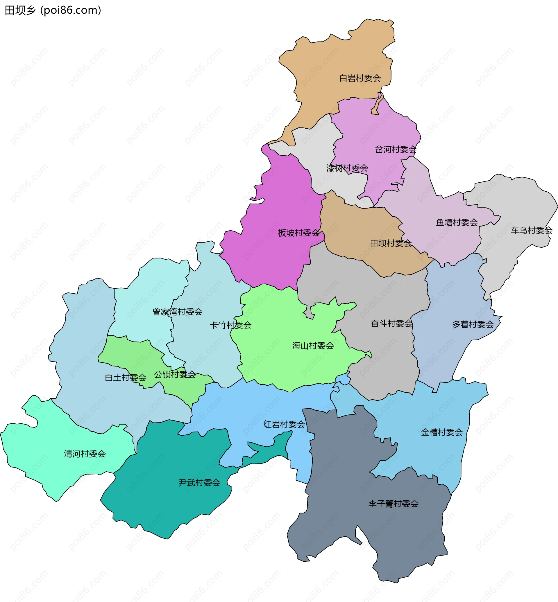 田坝乡边界地图(五级行政区划)