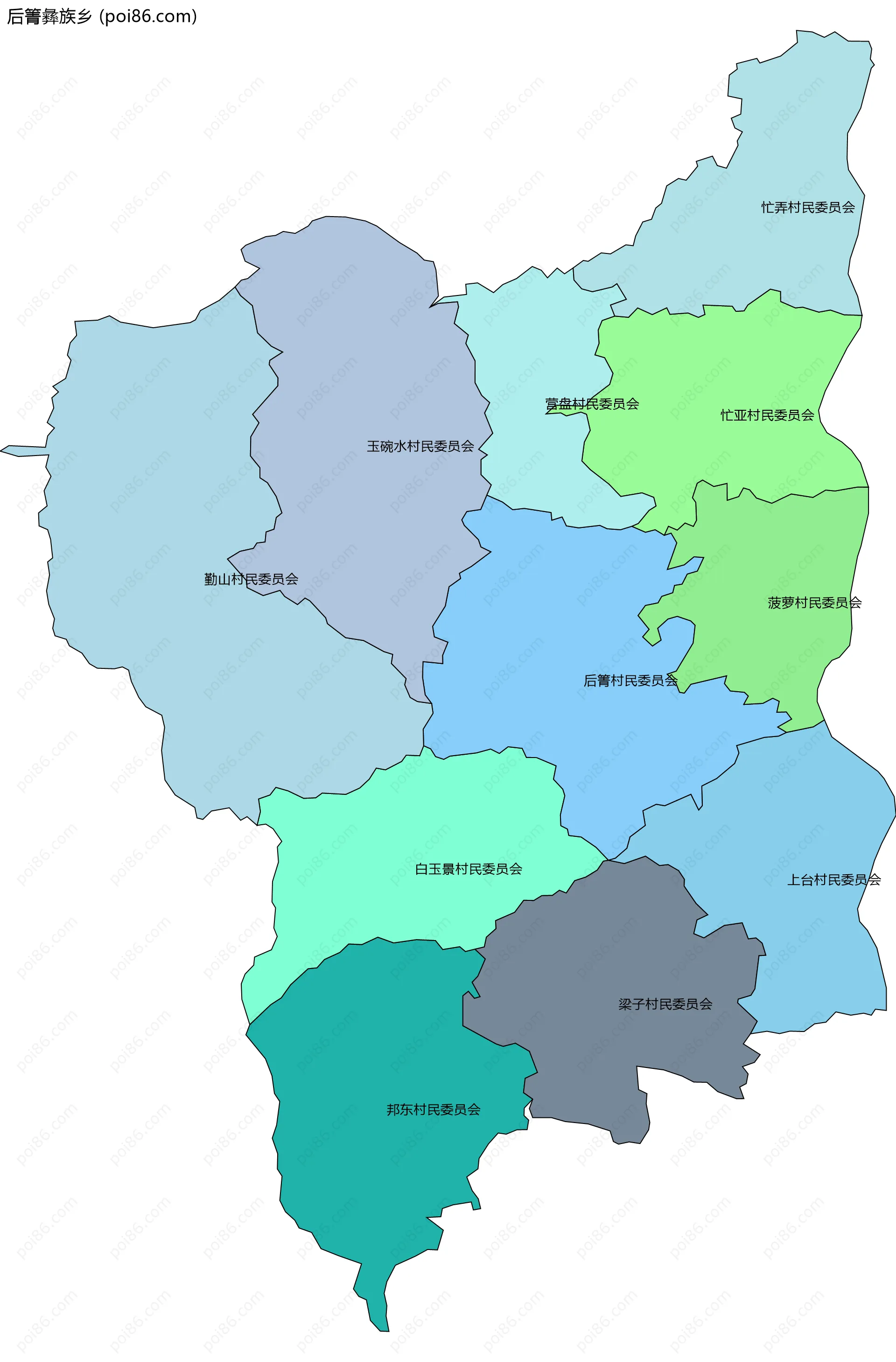 后箐彝族乡边界地图(五级行政区划)