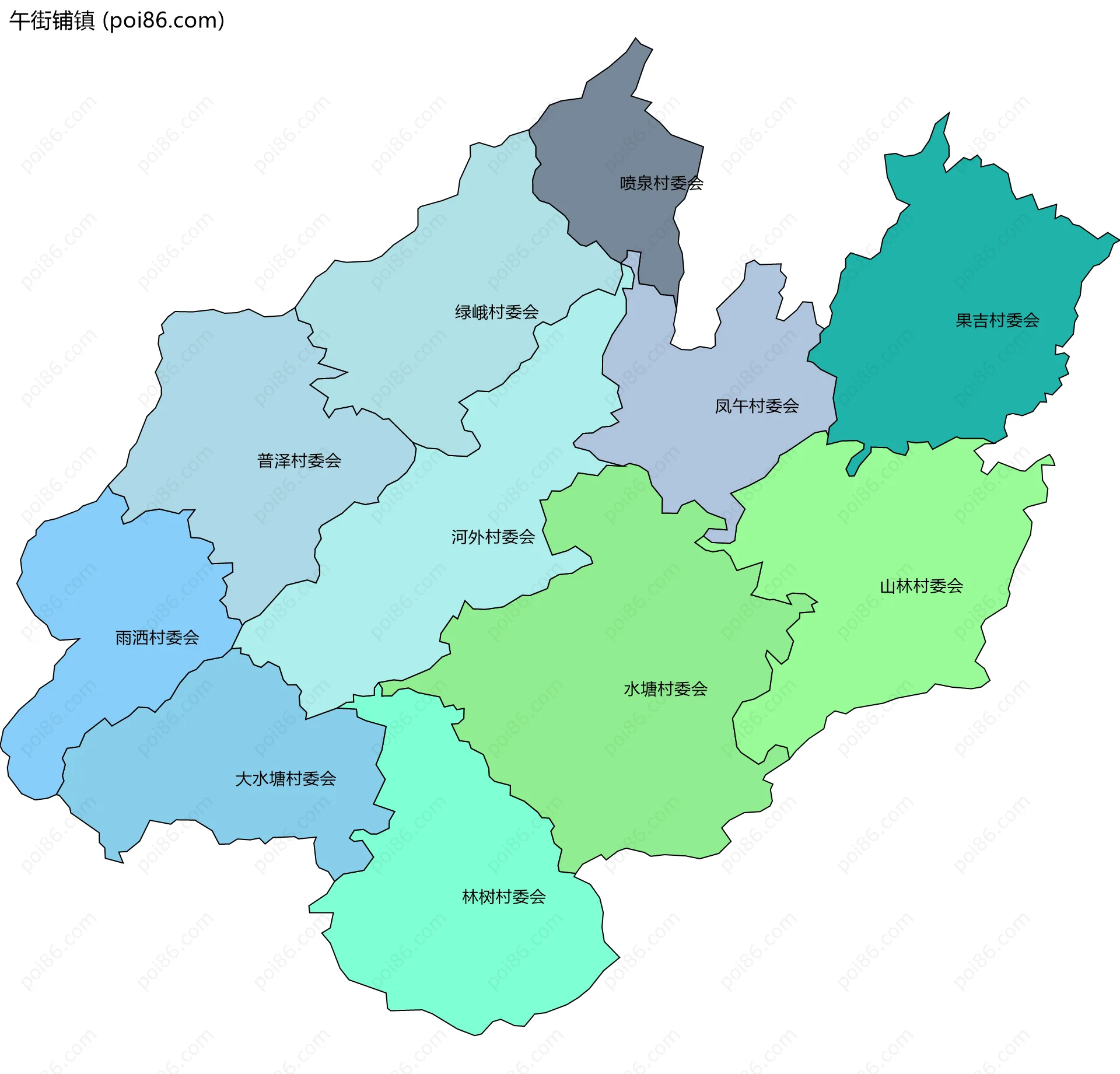 午街铺镇边界地图(五级行政区划)