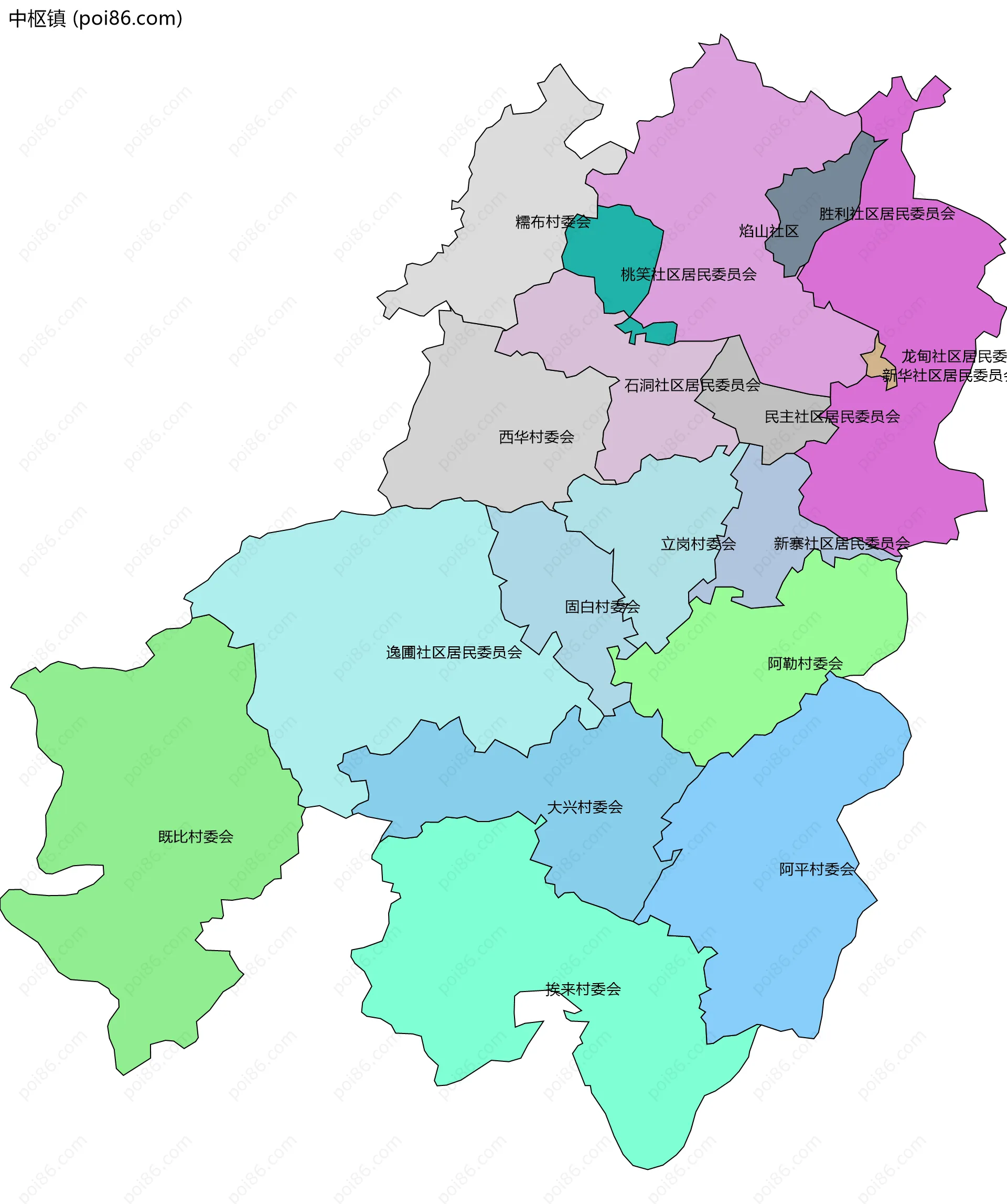 中枢镇边界地图(五级行政区划)