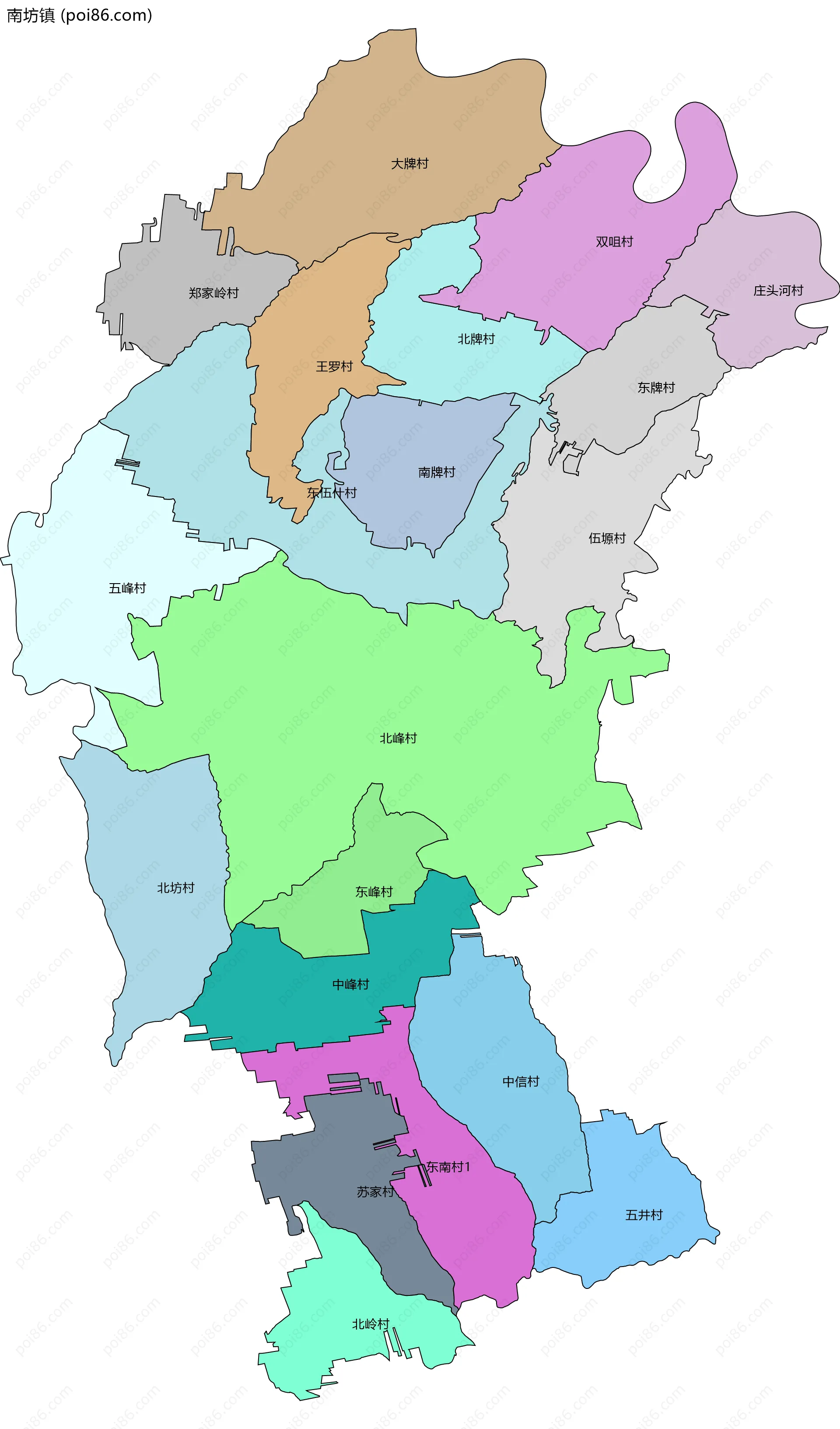 南坊镇边界地图(五级行政区划)