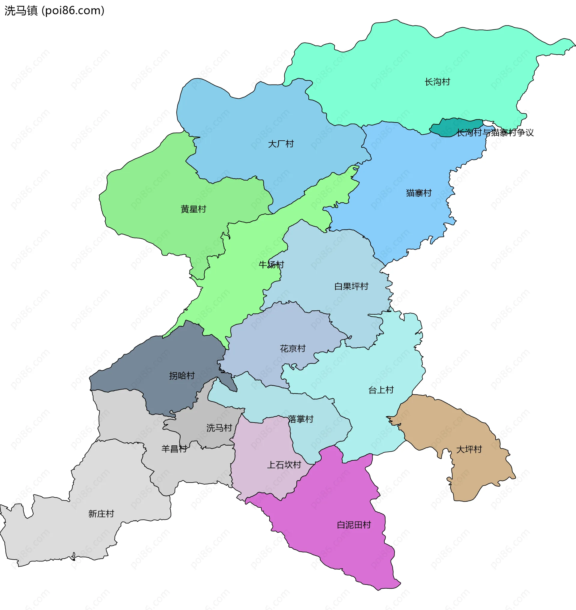 洗马镇边界地图(五级行政区划)