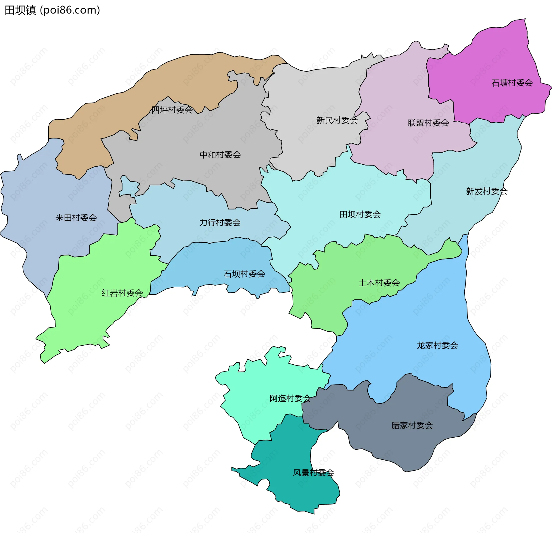 田坝镇边界地图(五级行政区划)