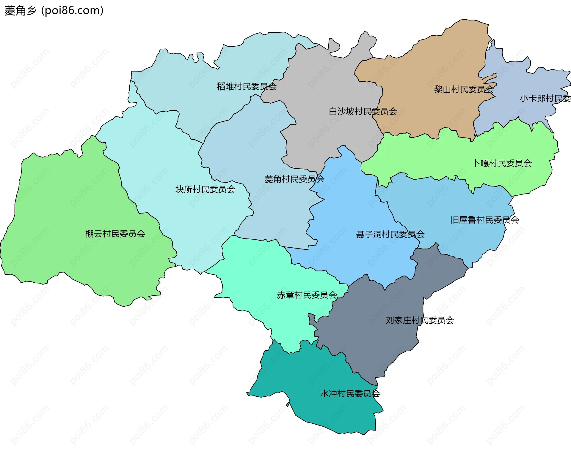 菱角乡边界地图(五级行政区划)