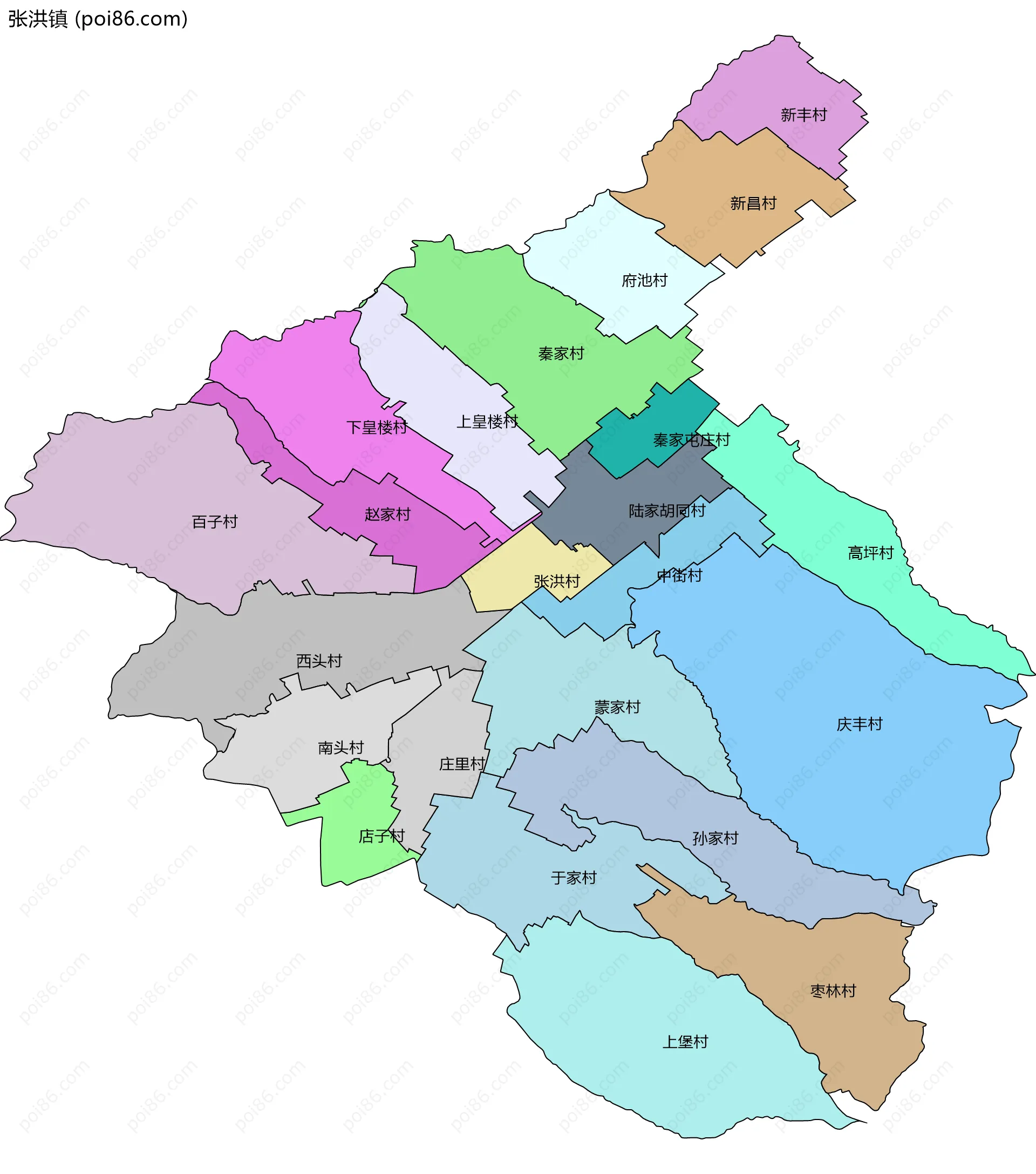 张洪镇边界地图(五级行政区划)