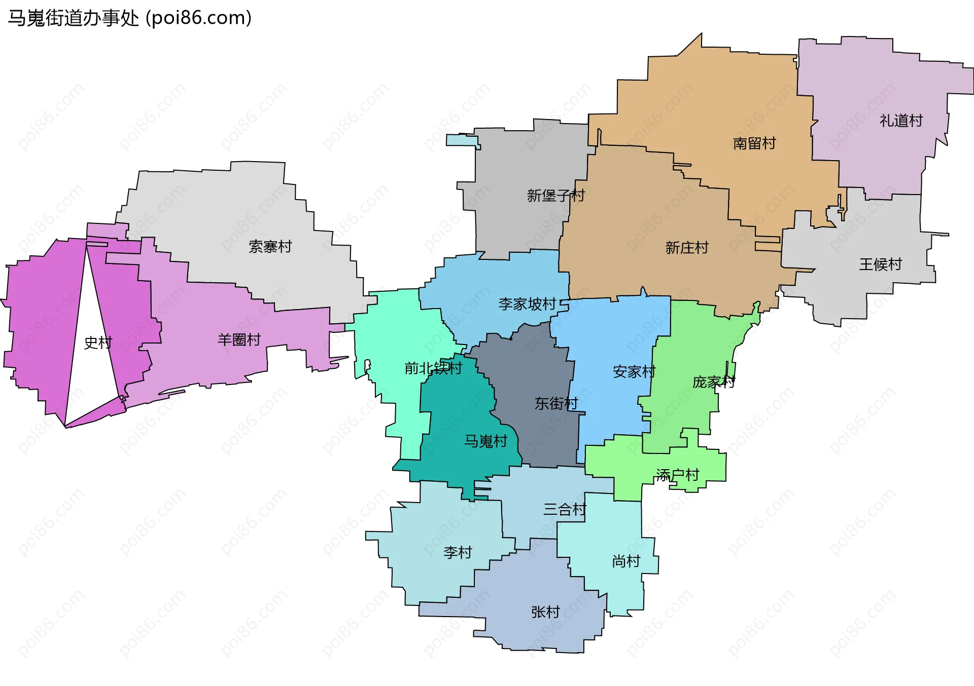 马嵬街道办事处边界地图(五级行政区划)