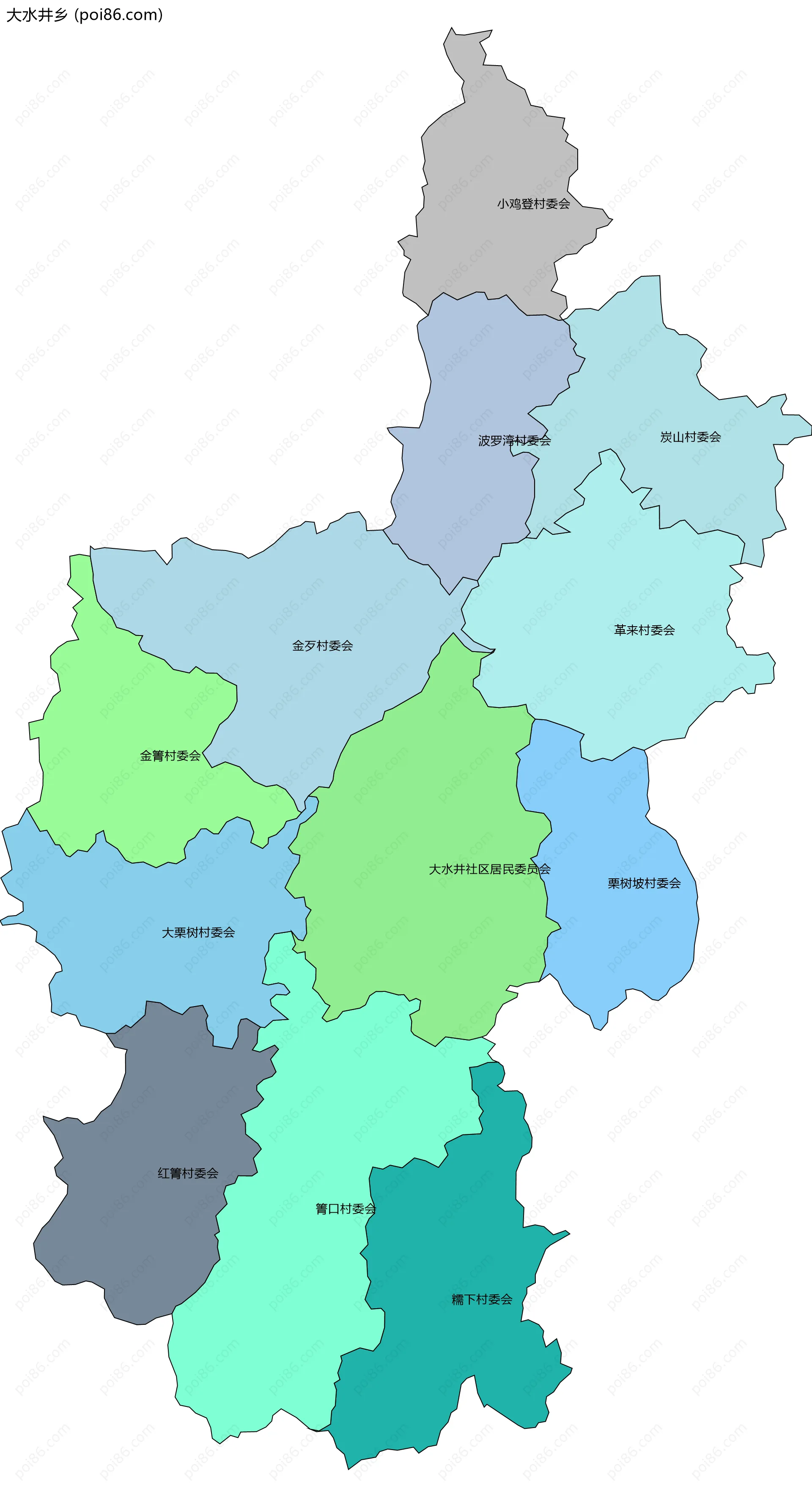 大水井乡边界地图(五级行政区划)