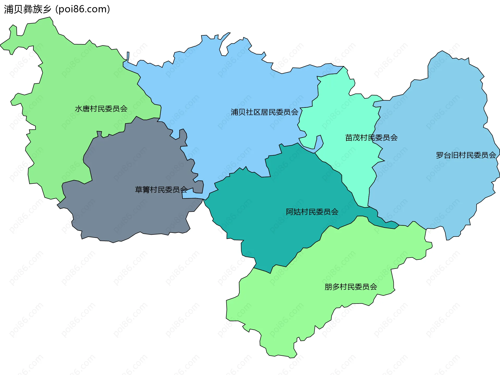 浦贝彝族乡边界地图(五级行政区划)