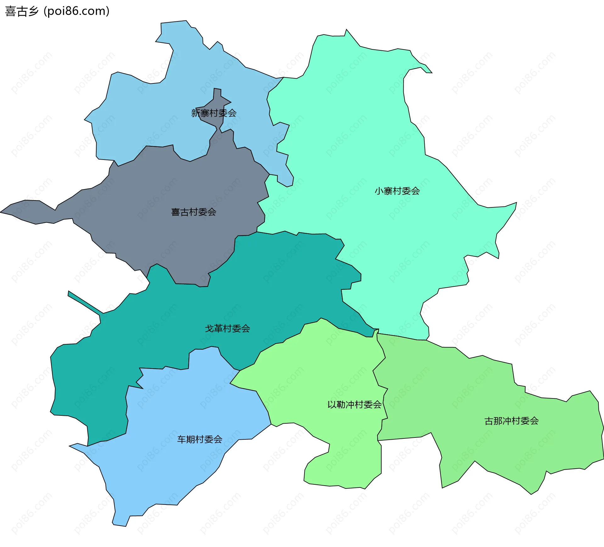 喜古乡边界地图(五级行政区划)
