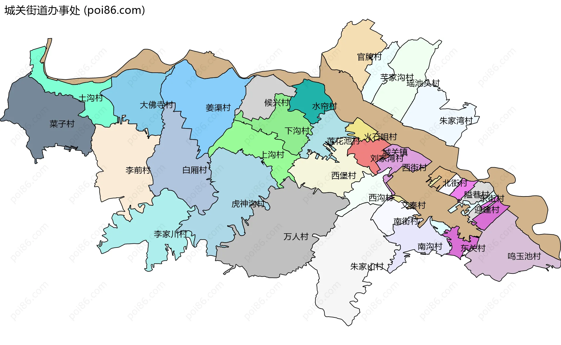 城关街道办事处边界地图(五级行政区划)