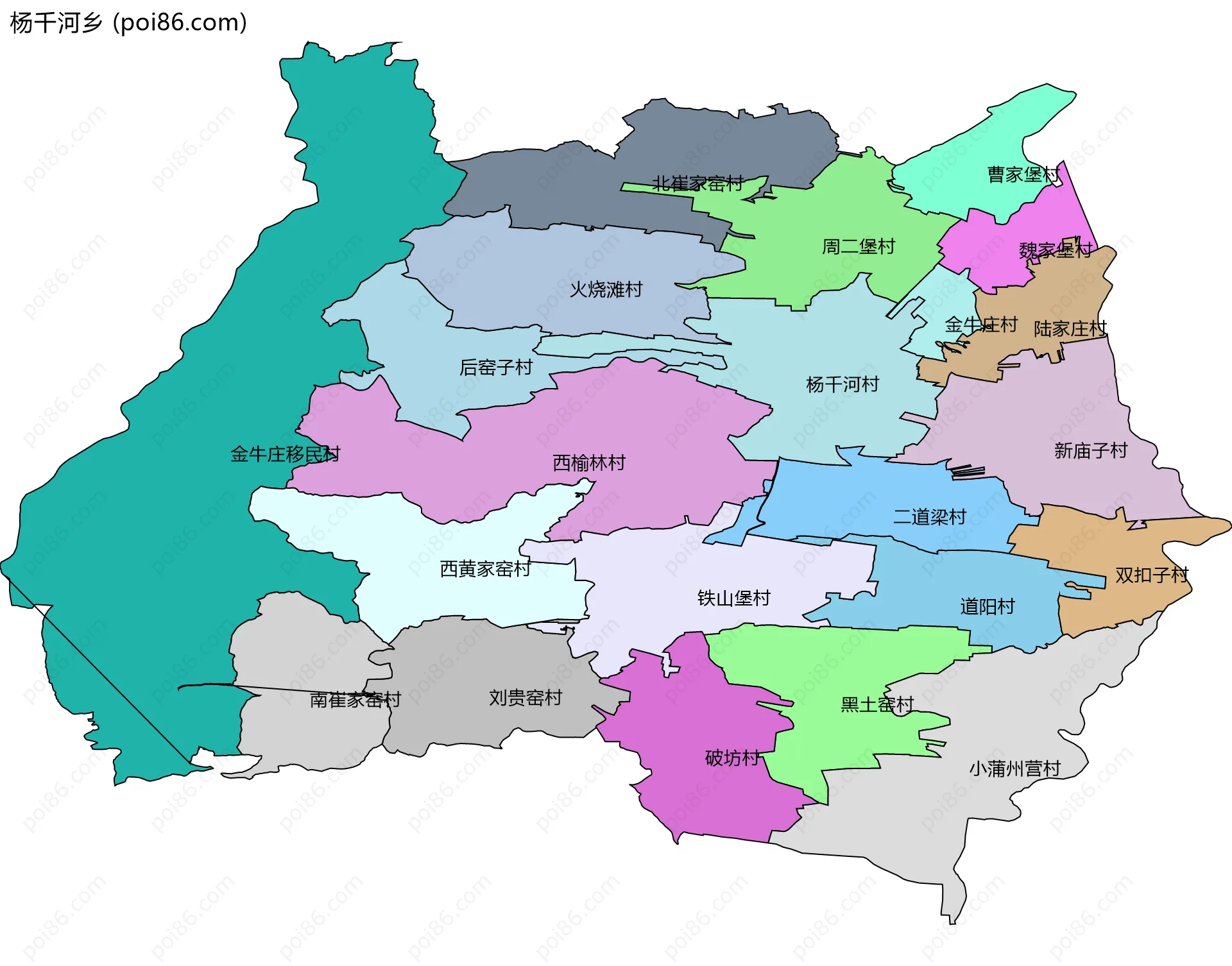 杨千河乡边界地图(五级行政区划)