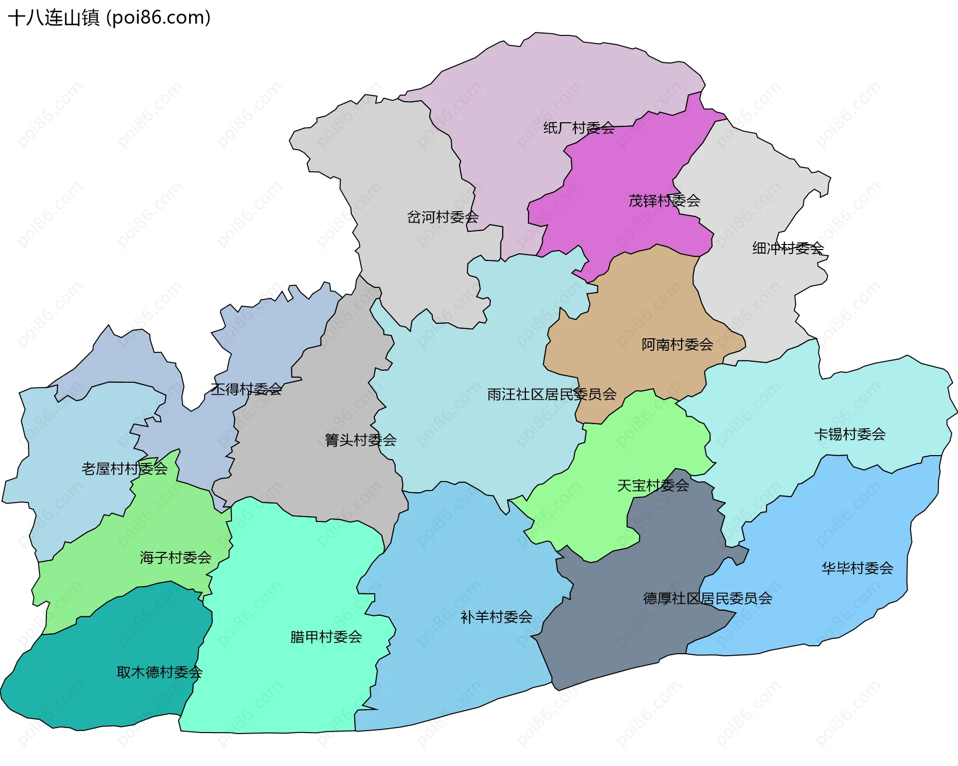 十八连山镇边界地图(五级行政区划)