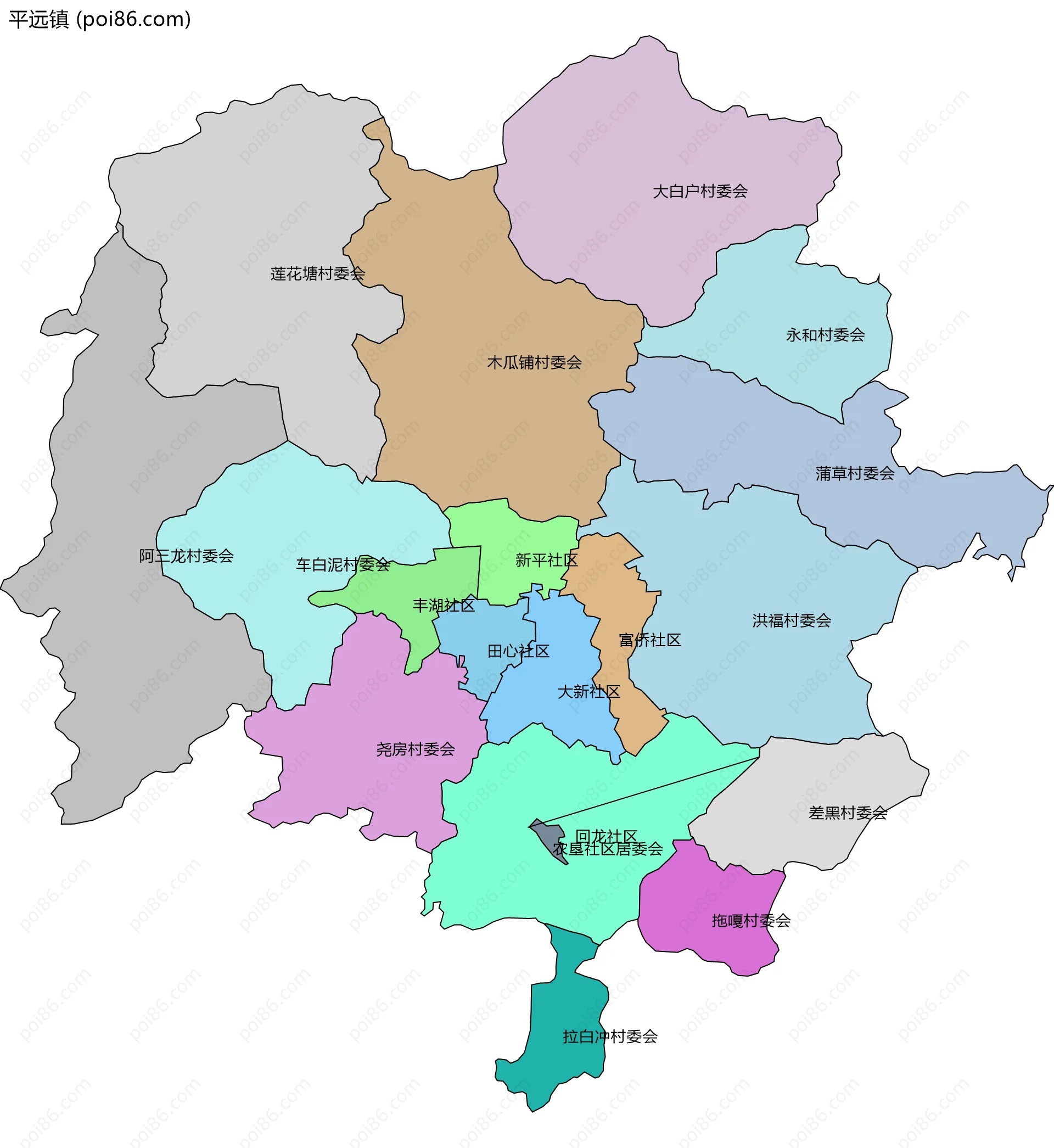 平远镇边界地图(五级行政区划)