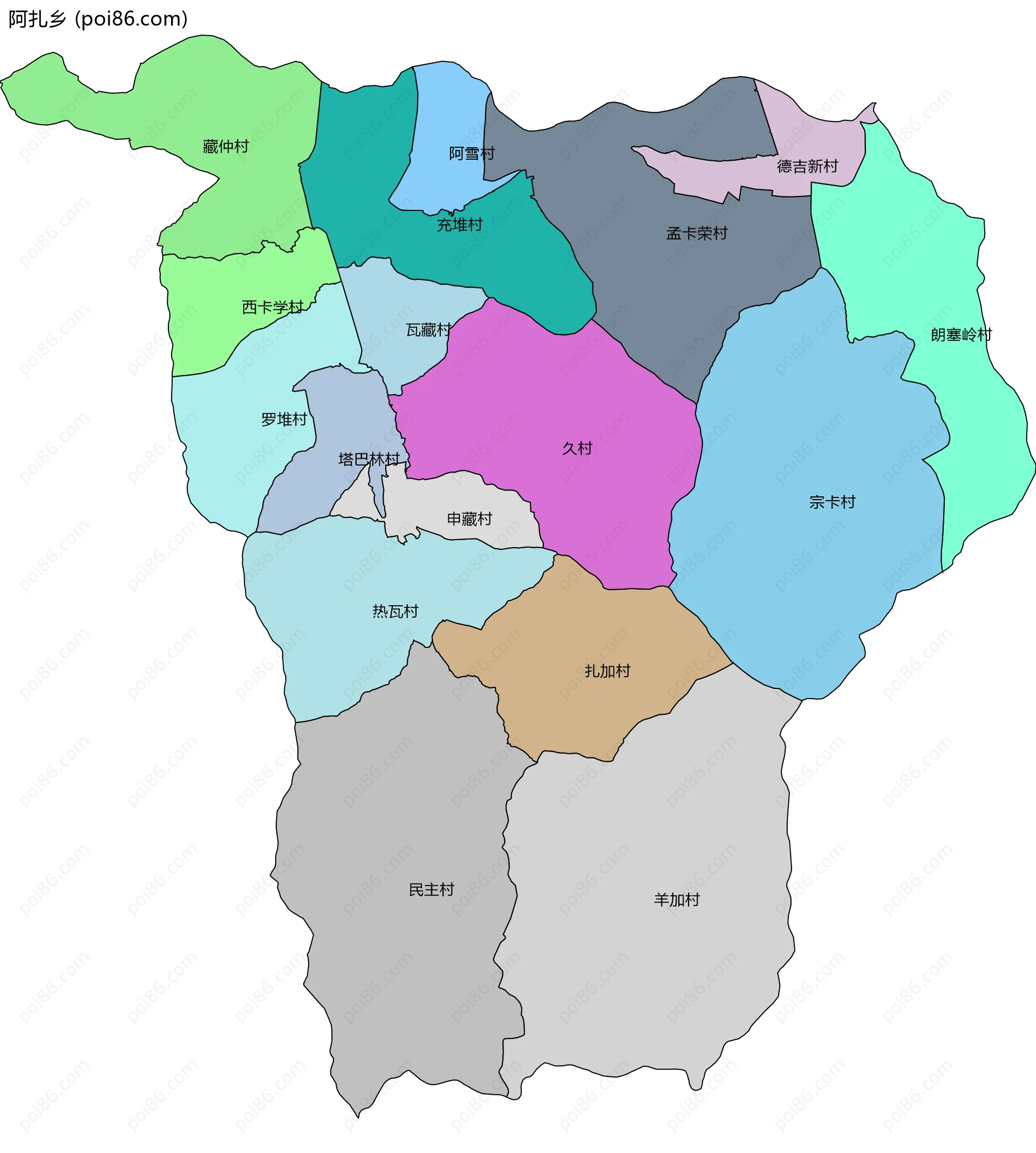 阿扎乡边界地图(五级行政区划)