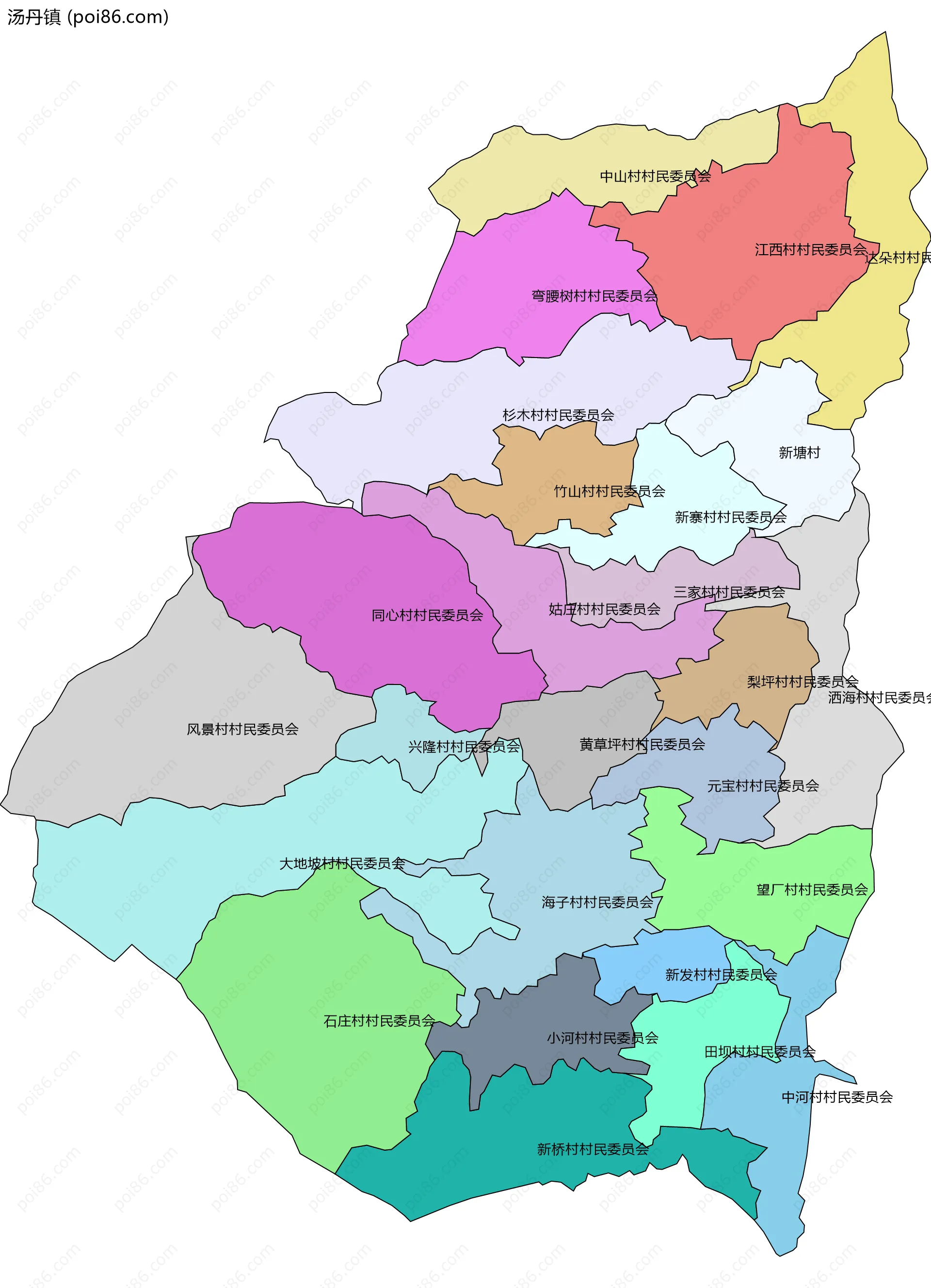 汤丹镇边界地图(五级行政区划)