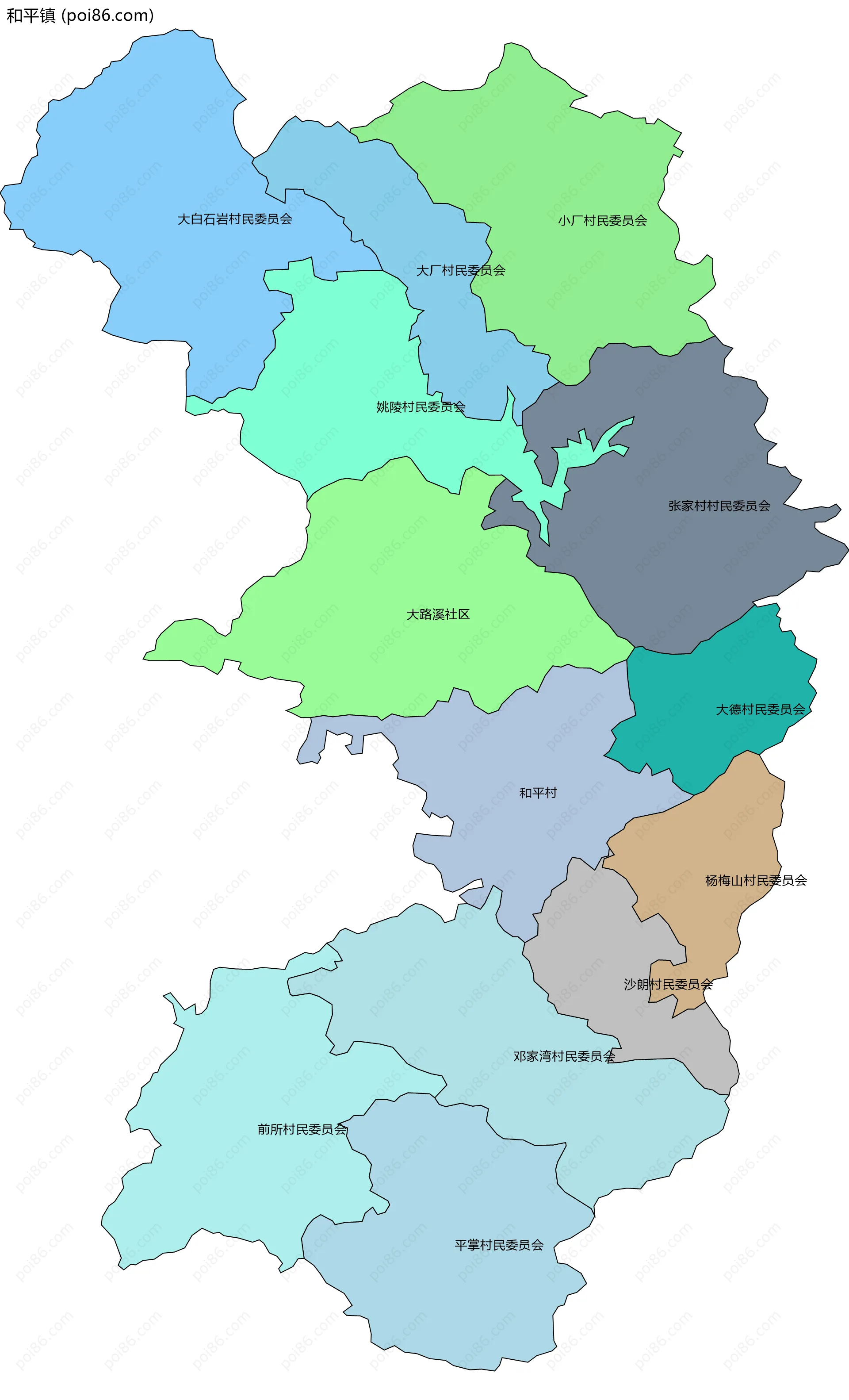 和平镇边界地图(五级行政区划)