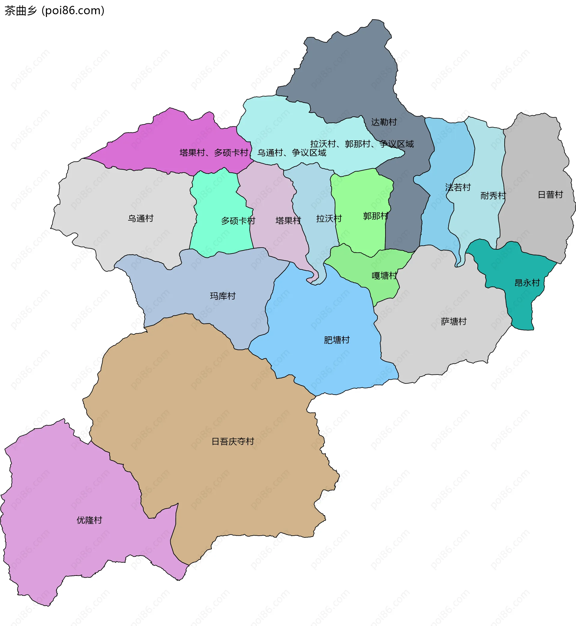 茶曲乡边界地图(五级行政区划)