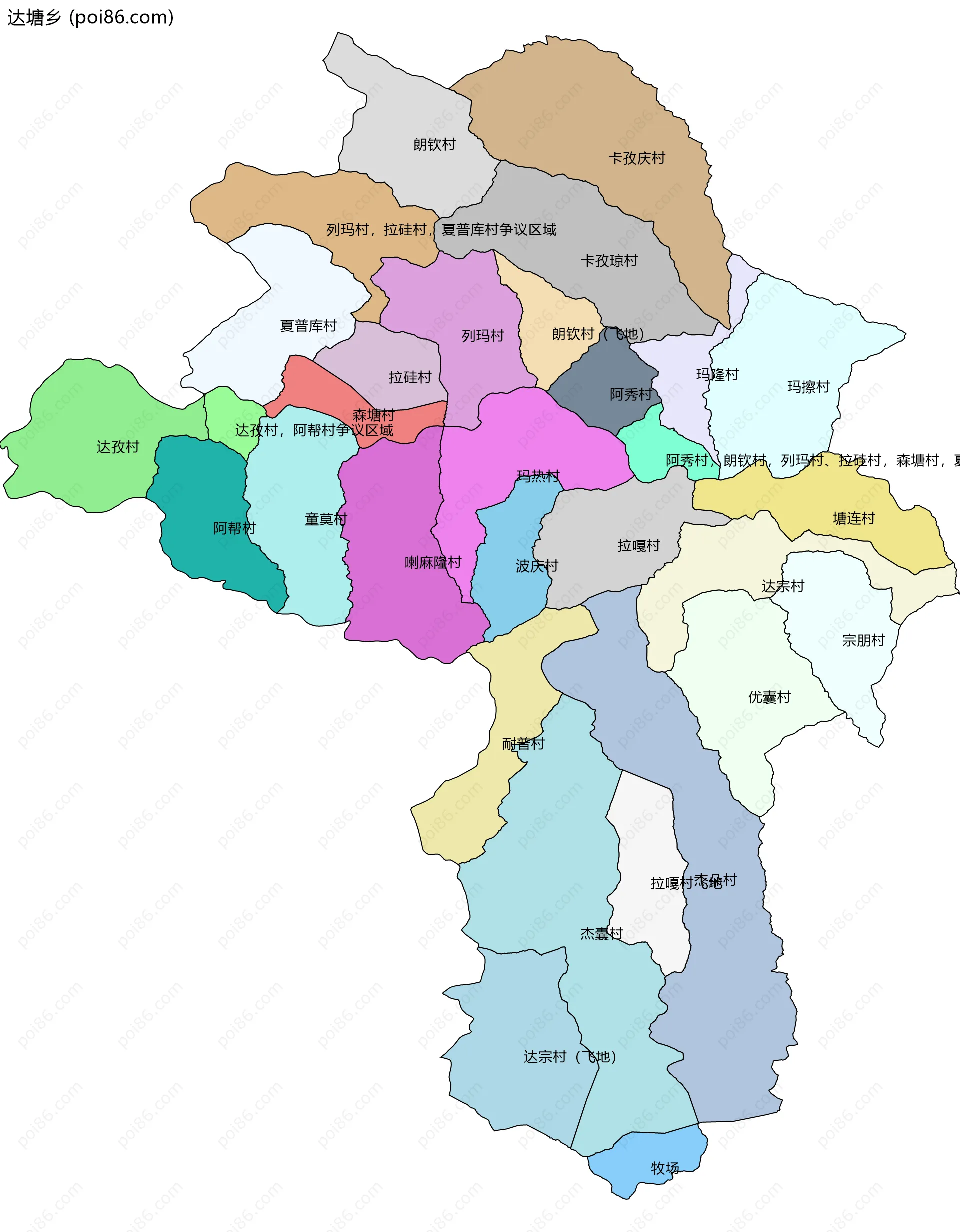 达塘乡边界地图(五级行政区划)