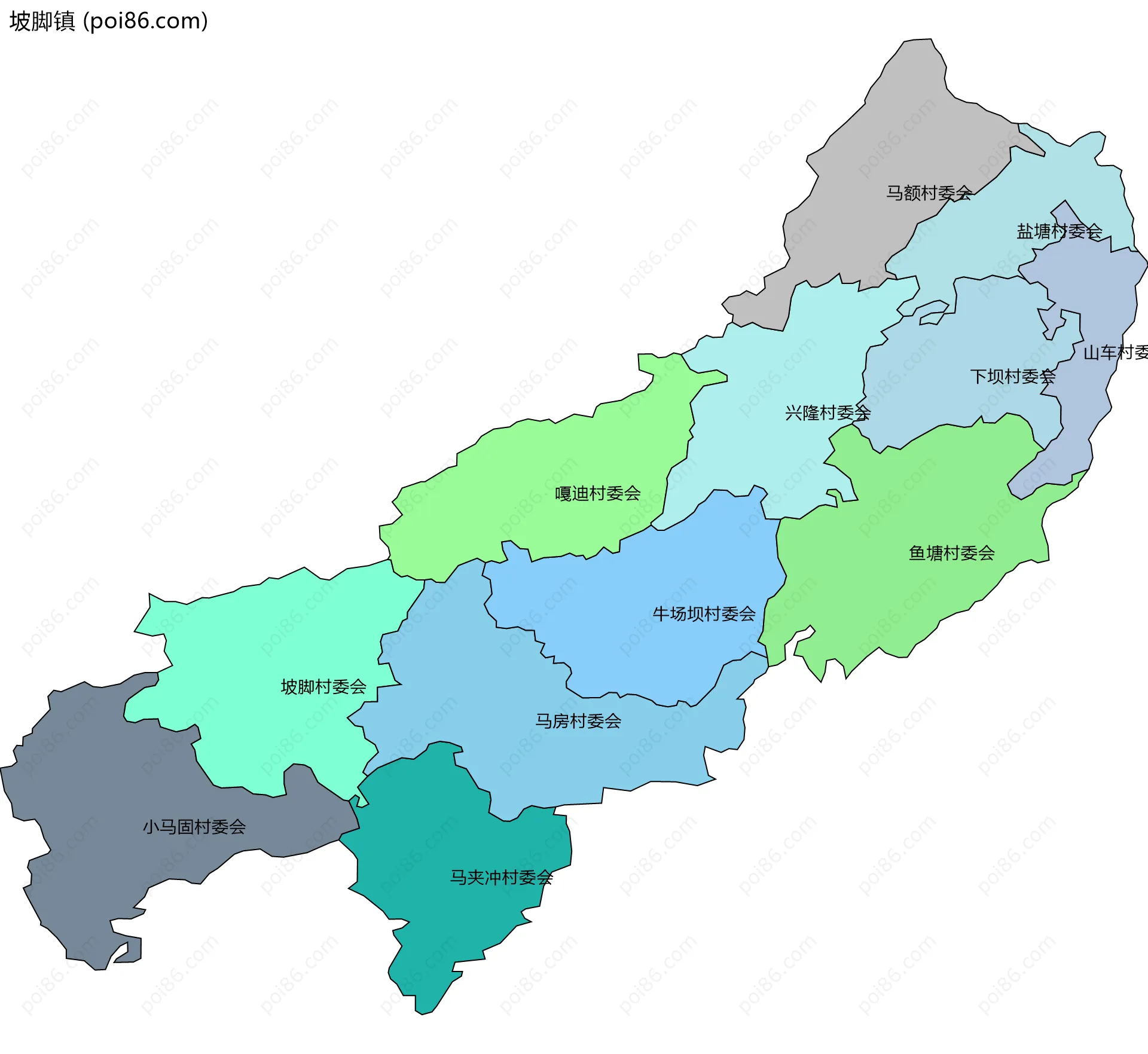坡脚镇边界地图(五级行政区划)