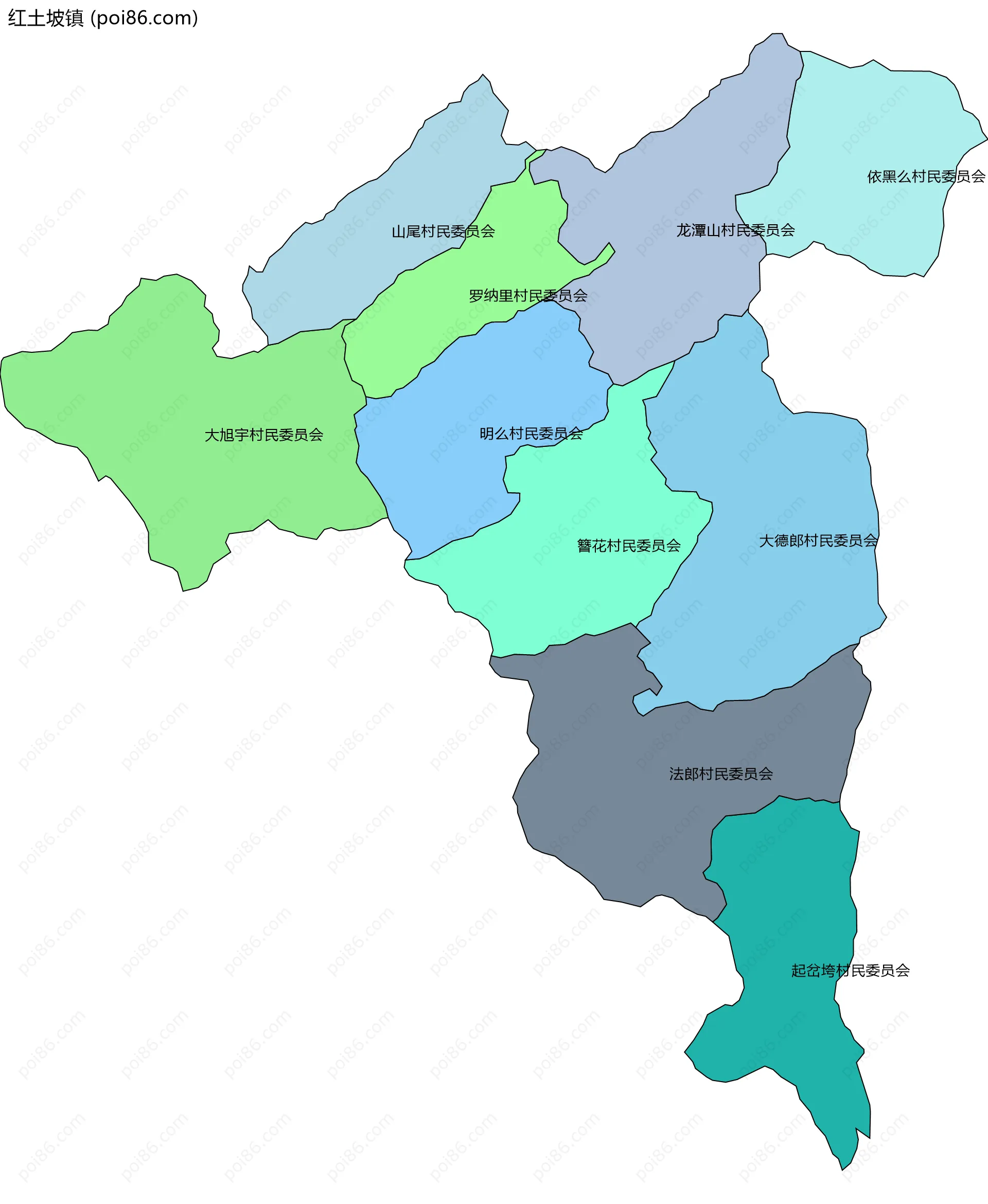 红土坡镇边界地图(五级行政区划)