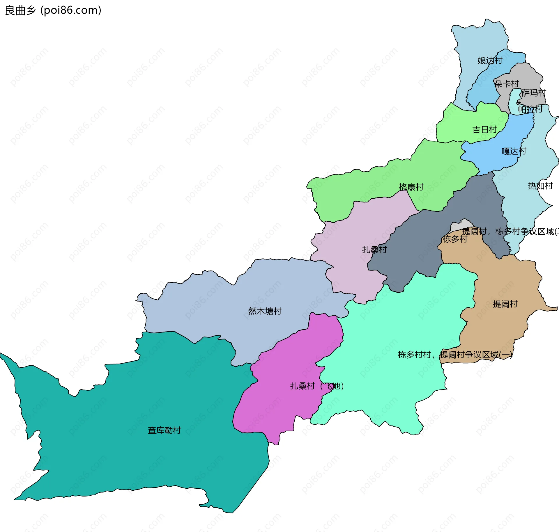 良曲乡边界地图(五级行政区划)