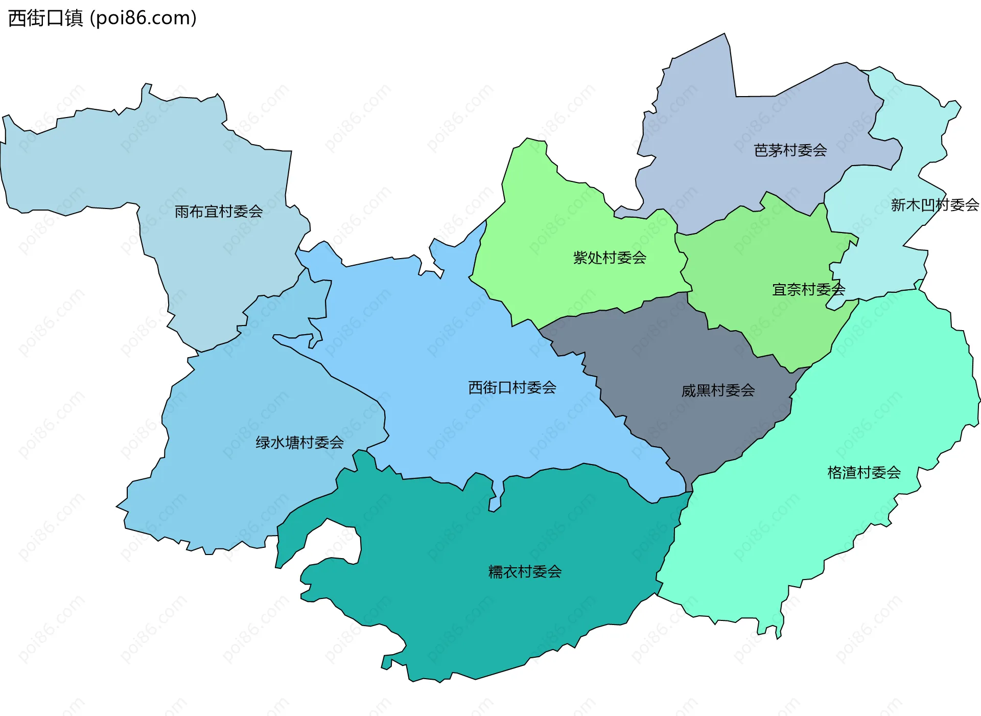 西街口镇边界地图(五级行政区划)