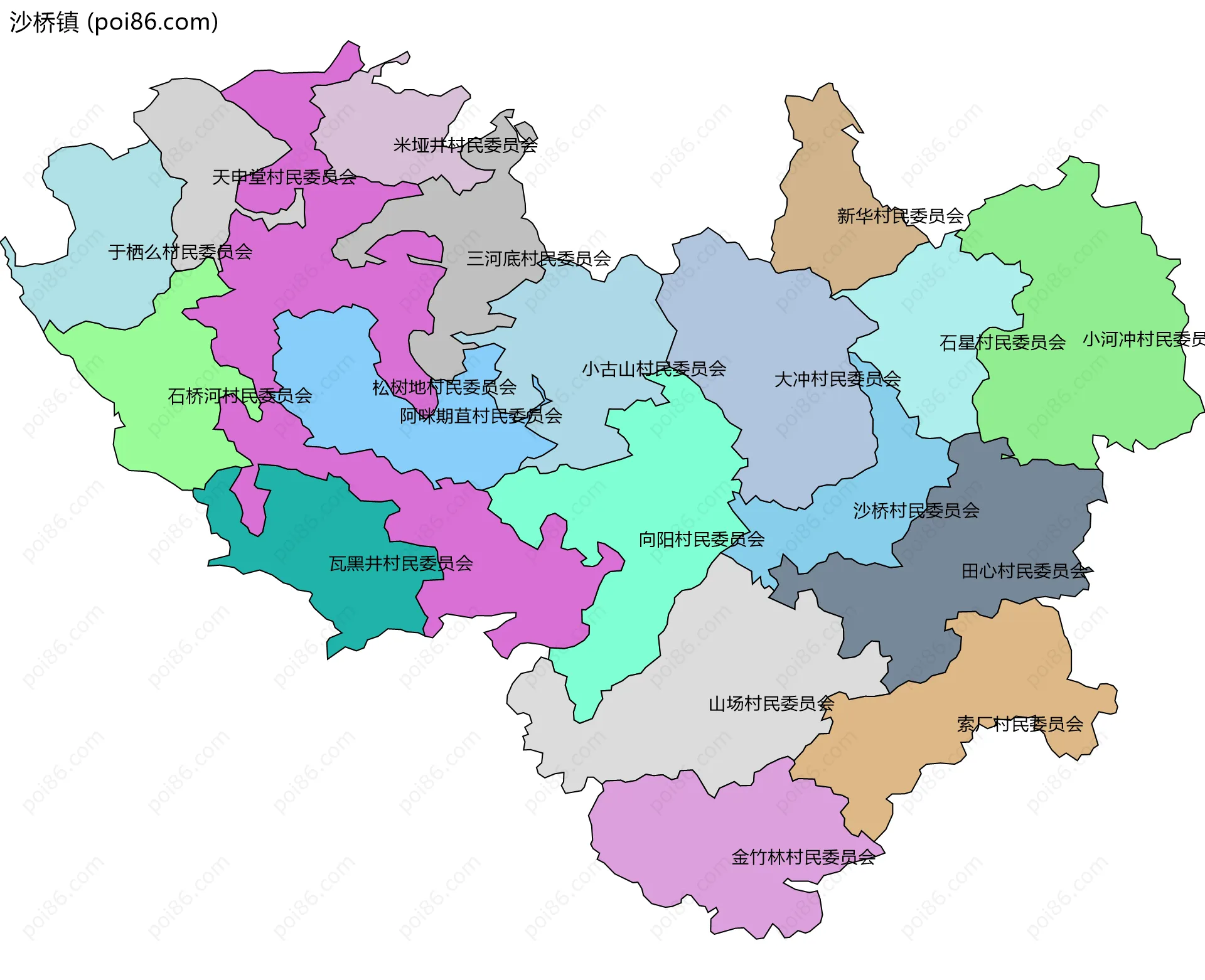 沙桥镇边界地图(五级行政区划)